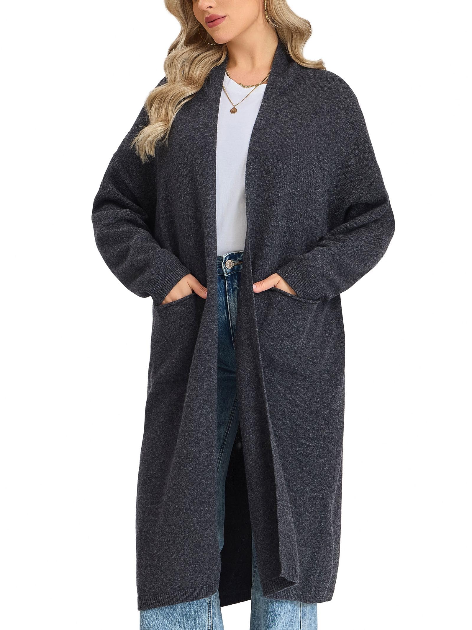 VETLURY 100% Merinowolle Strickjacke Lang Damen - Weicher Open Front Cardigan mit Taschen, Eleganter Langarm Strickmantel für Frühling Herbst Winter Casual Business