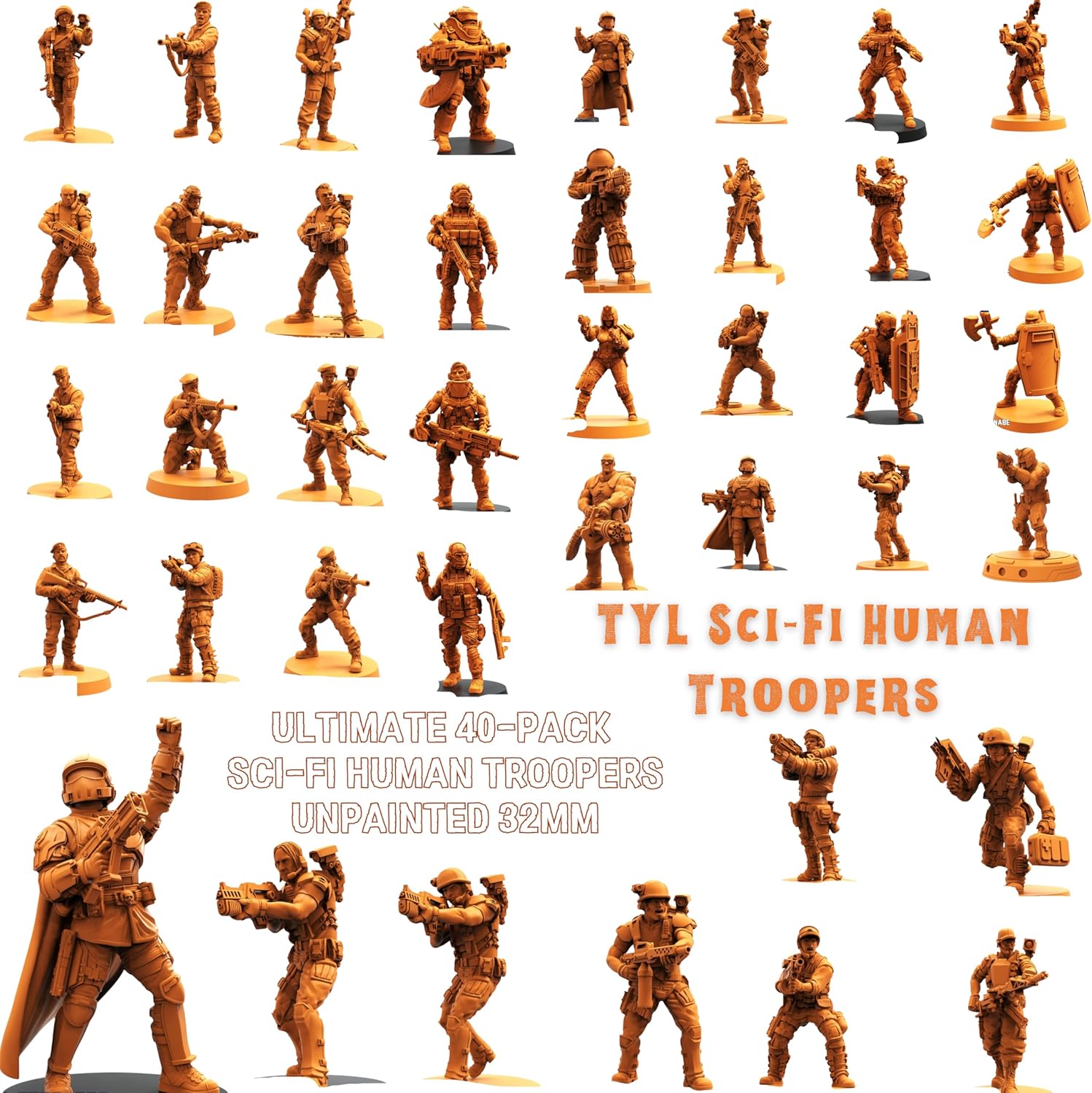 Ultimate 40-Pack Sci-Fi Human Troopers – Unpainted Resin Miniatures for Dungeon Masters & Painters – Premium 32mm Scale Figures