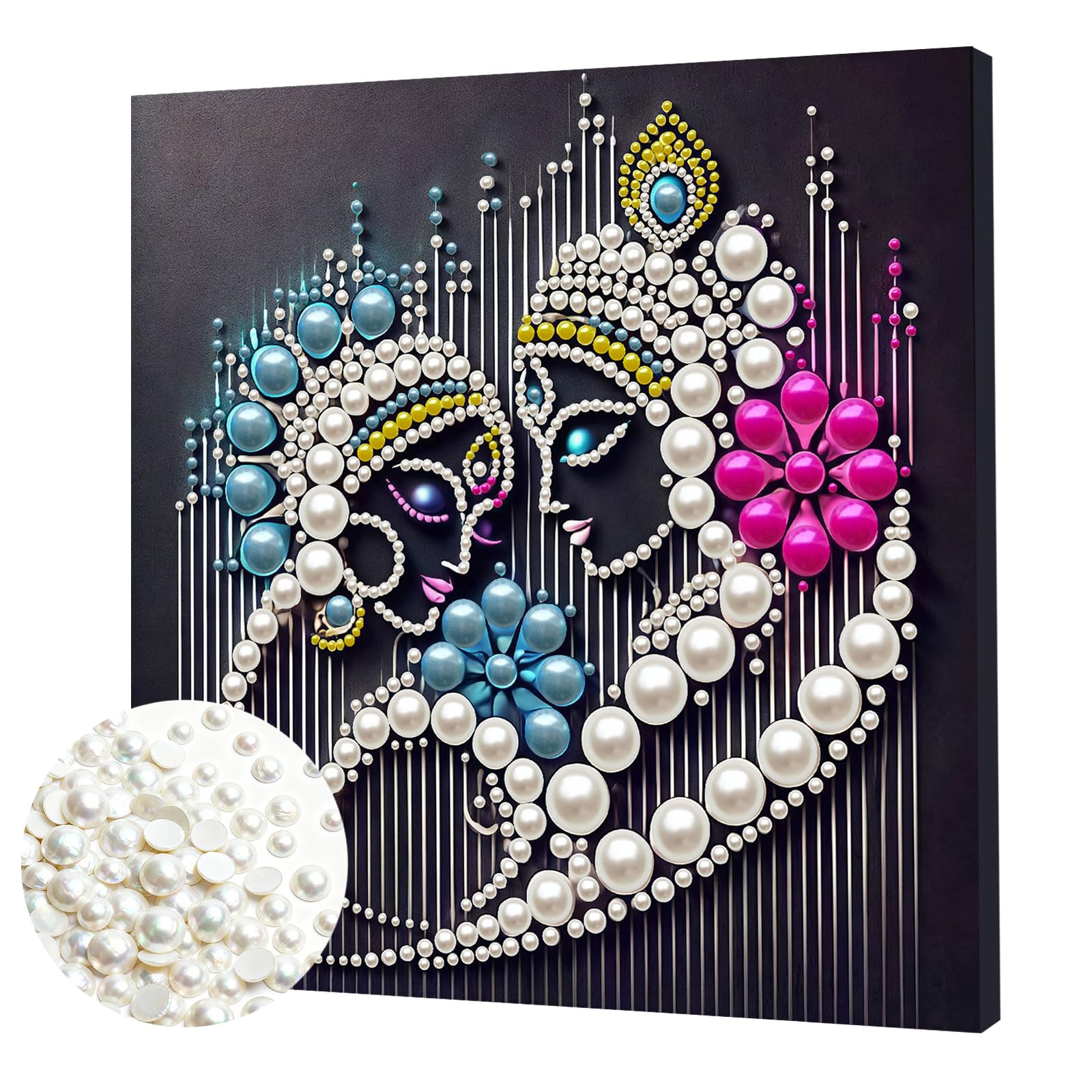 DIY Pearl Painting Kit with Wooden Frame, 3D Plastic Pearl Gemstone Ocean Art Craft for Adults Beginners, Diamond Dot Painting, Home Wall Decor Ready Gift for Women(Indian Pink Flower Couple)(30*30cm)