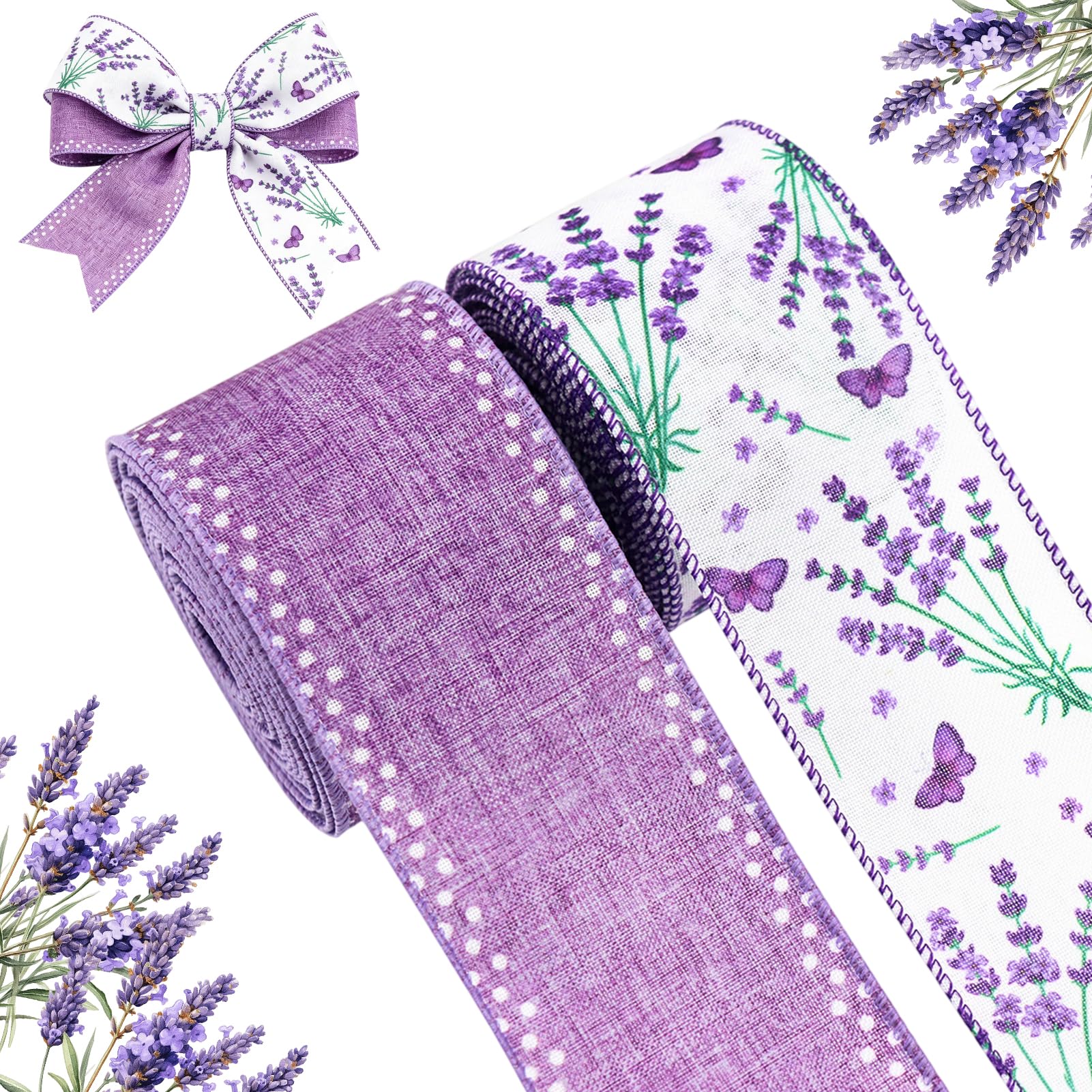 letsinstyle 2 Rolls 10 Yards Floral Wired Edge Ribbon, 2.48 Inch Lavender Purple Burlap Wired Ribbons, Butterfly Burlap Craft Ribbon Set for Farmhouse Party DIY Spring Wreaths Bow Decoration — image 1