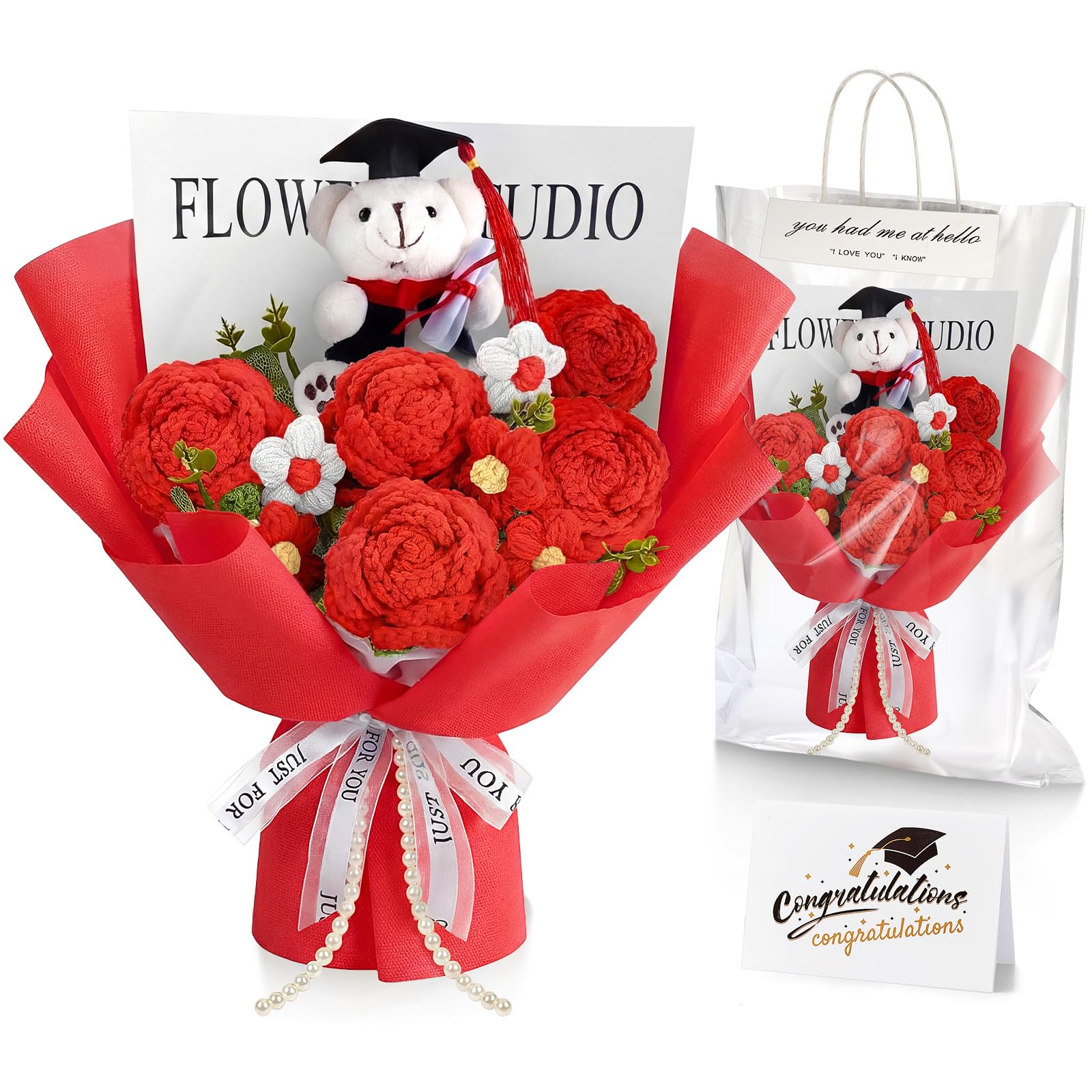 Giegxin Graduation Crochet Flowers Bouquet Set, 2025 Grad Cap Plush Bear Hand Knitted Rose Sunflower Bouquet Greeting Card Gift Bag for Wedding Birthday Mother's Day Party Favors Supplies(Red)