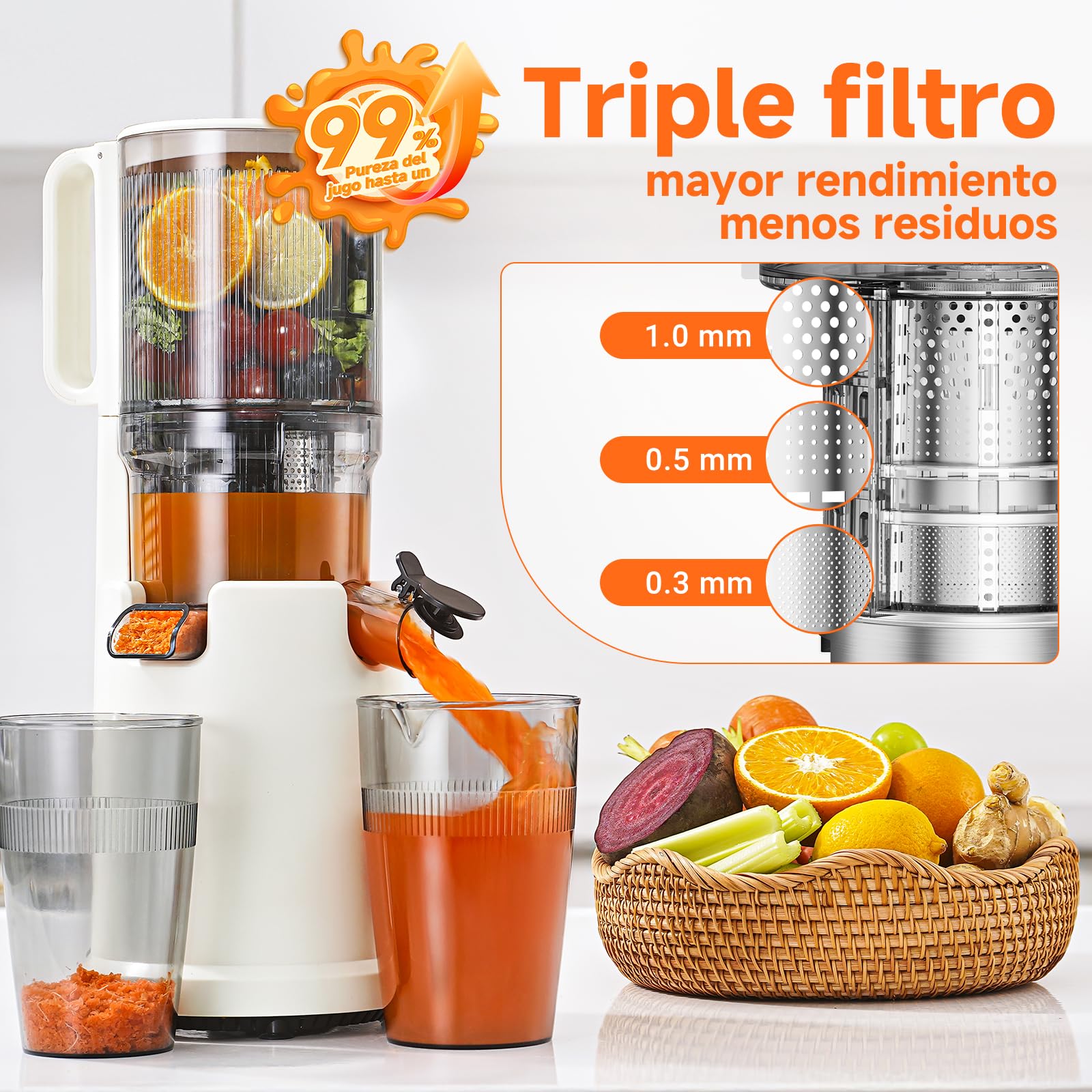 Aobosi Licuadora prensado en frio, Extractor de zumos y frutas con motor silencioso, 1.5 L, 200 W, Extractor de jugos Cold Press Slow Juicer Machine con Sinfín Mejorado