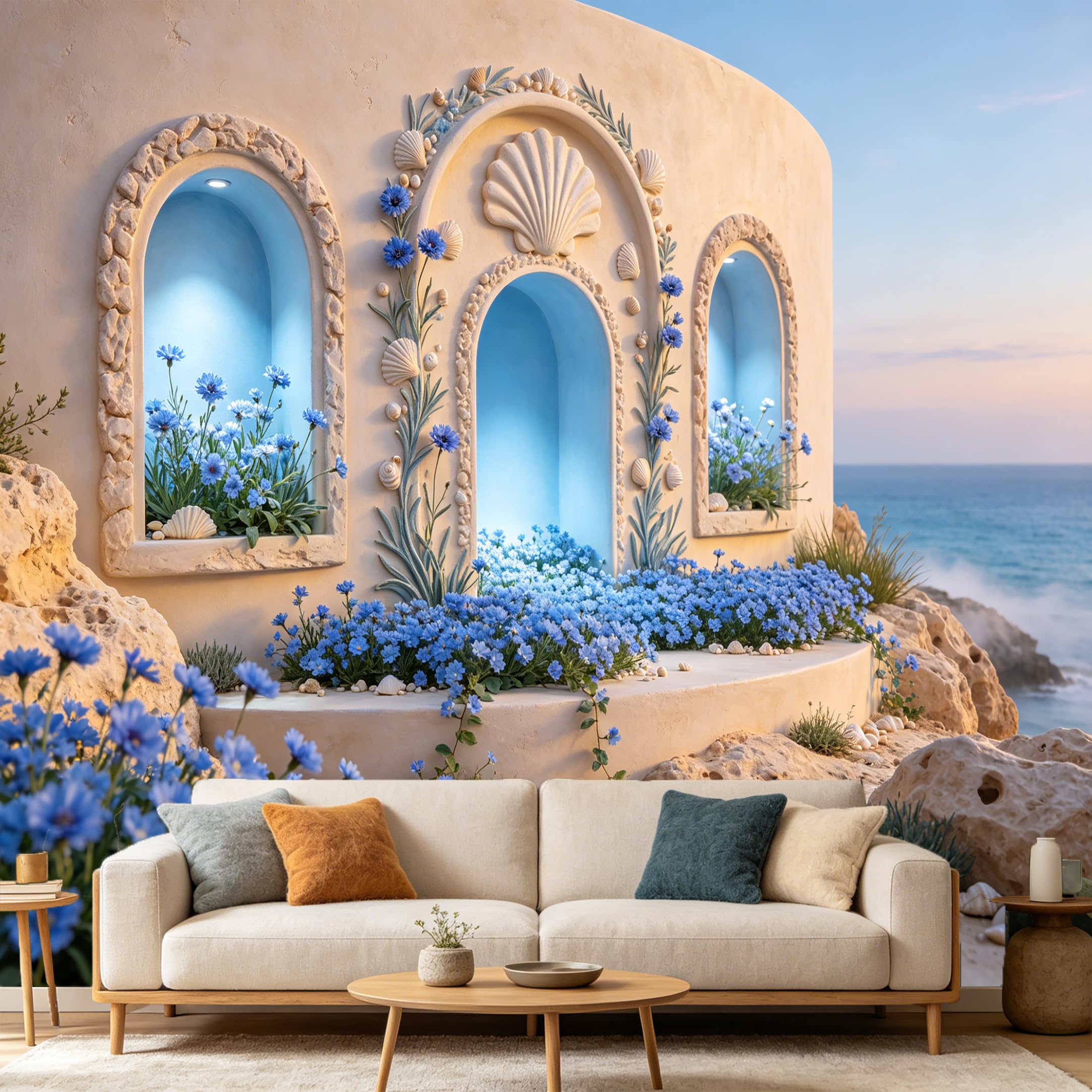 Custom Size Wall Mural， Mediterranean Coastal Archway Blue Flower Seashell Landscape， SelfAdhesive Art Prints wall Fabric Removable Large Wallpaper Home Living Room Decor