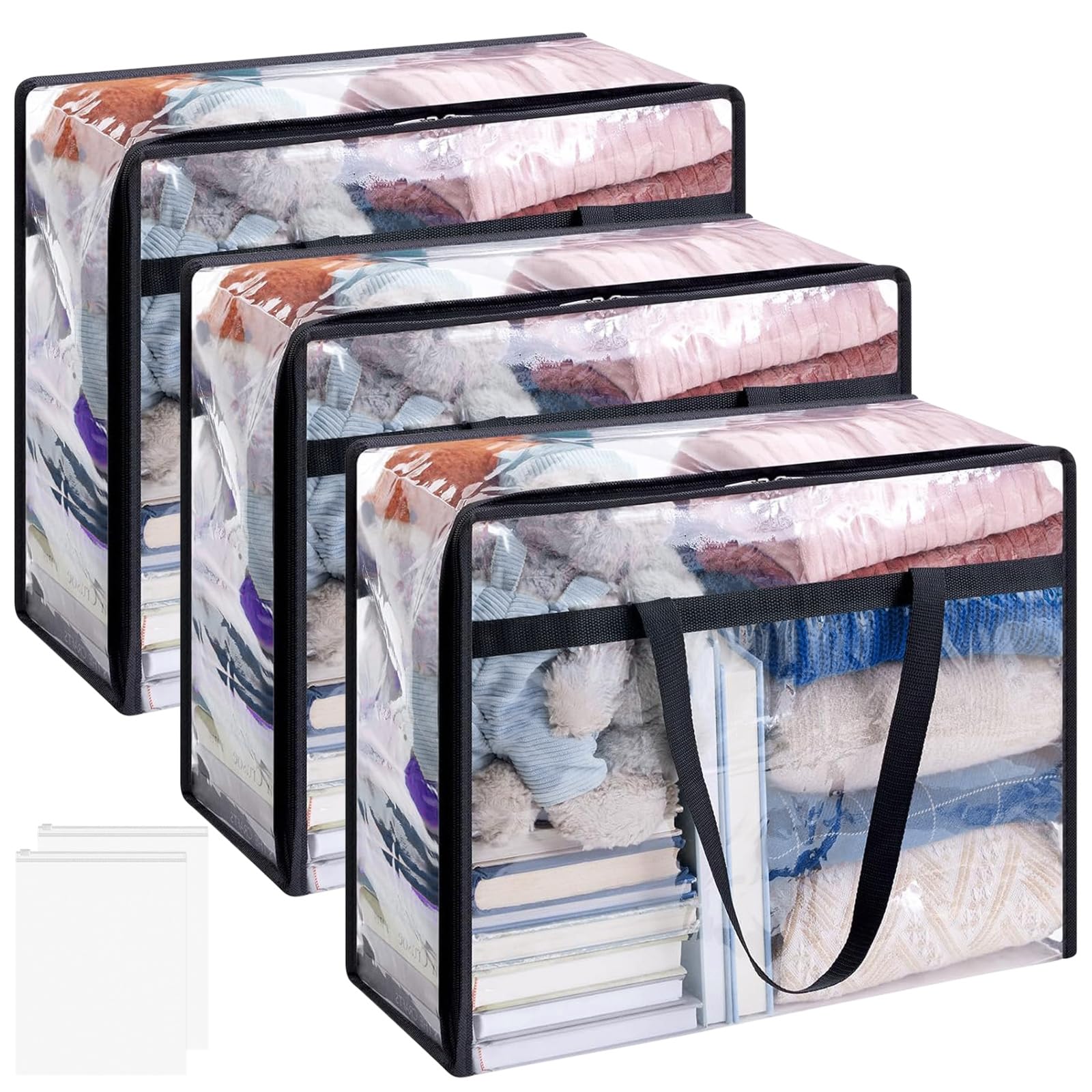 wiksite 3 Pack Clear Clothes Storage Bags, 60L Foldable Plastic Wardrobe Organiser with Lids, Waterproof Moving Bags with Reinforced Handles for Loft, Bedding, Blanket, Duvet & Linen