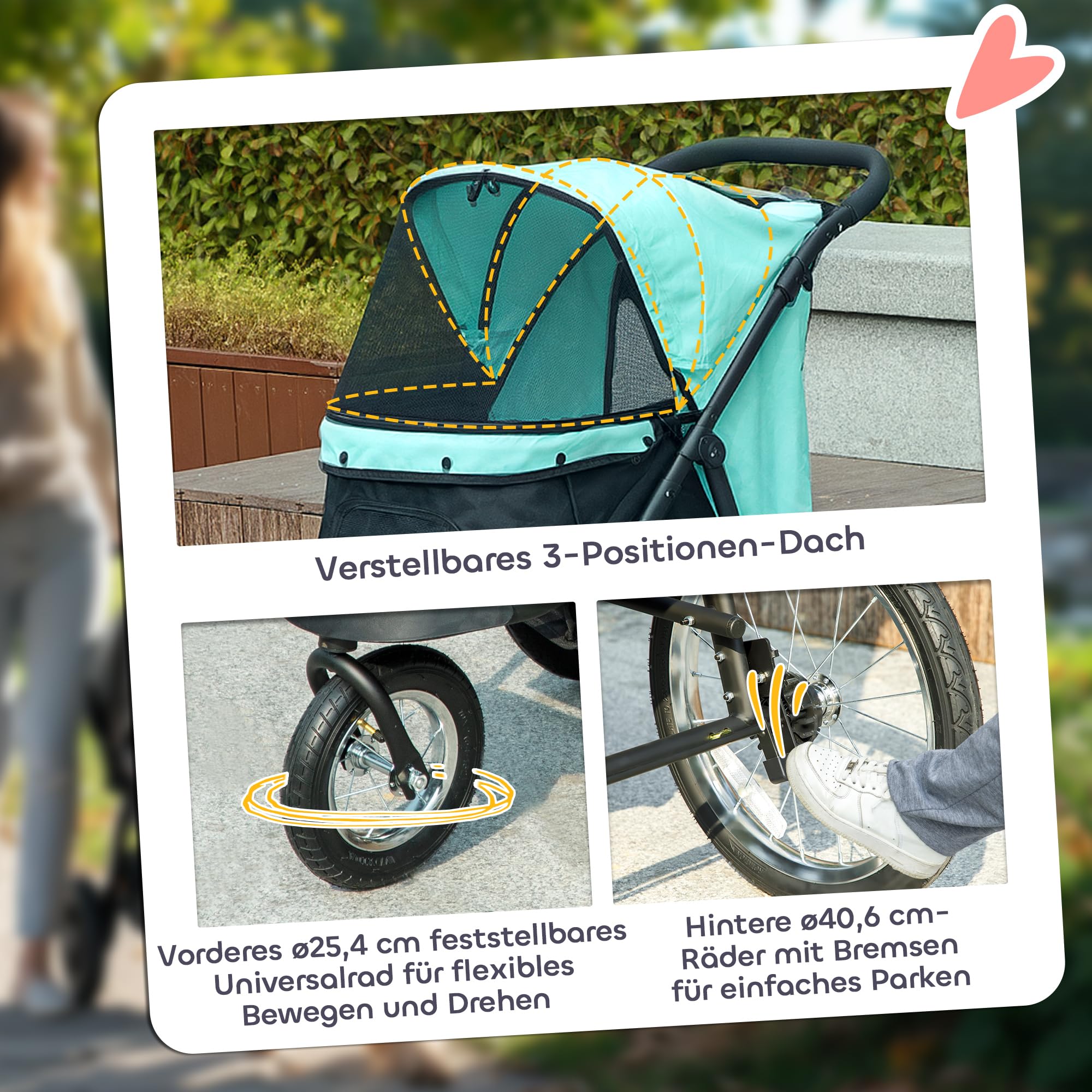 PawHut Carrito para perros y gatos, plegable, para perros pequeños y gatos de hasta 10 kg, con 3 ruedas de goma grandes, cojín para ventanas de red, cesta de almacenamiento con correa de seguridad