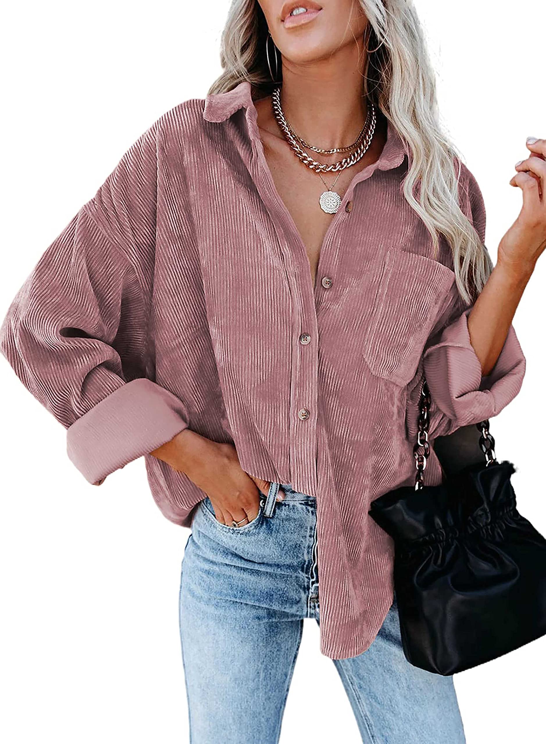 BWDIDACIWomens Corduroy Button Down Shacket Casual Long Sleeve Shirt Jacket Oversized Blouses Tops, Pink, S