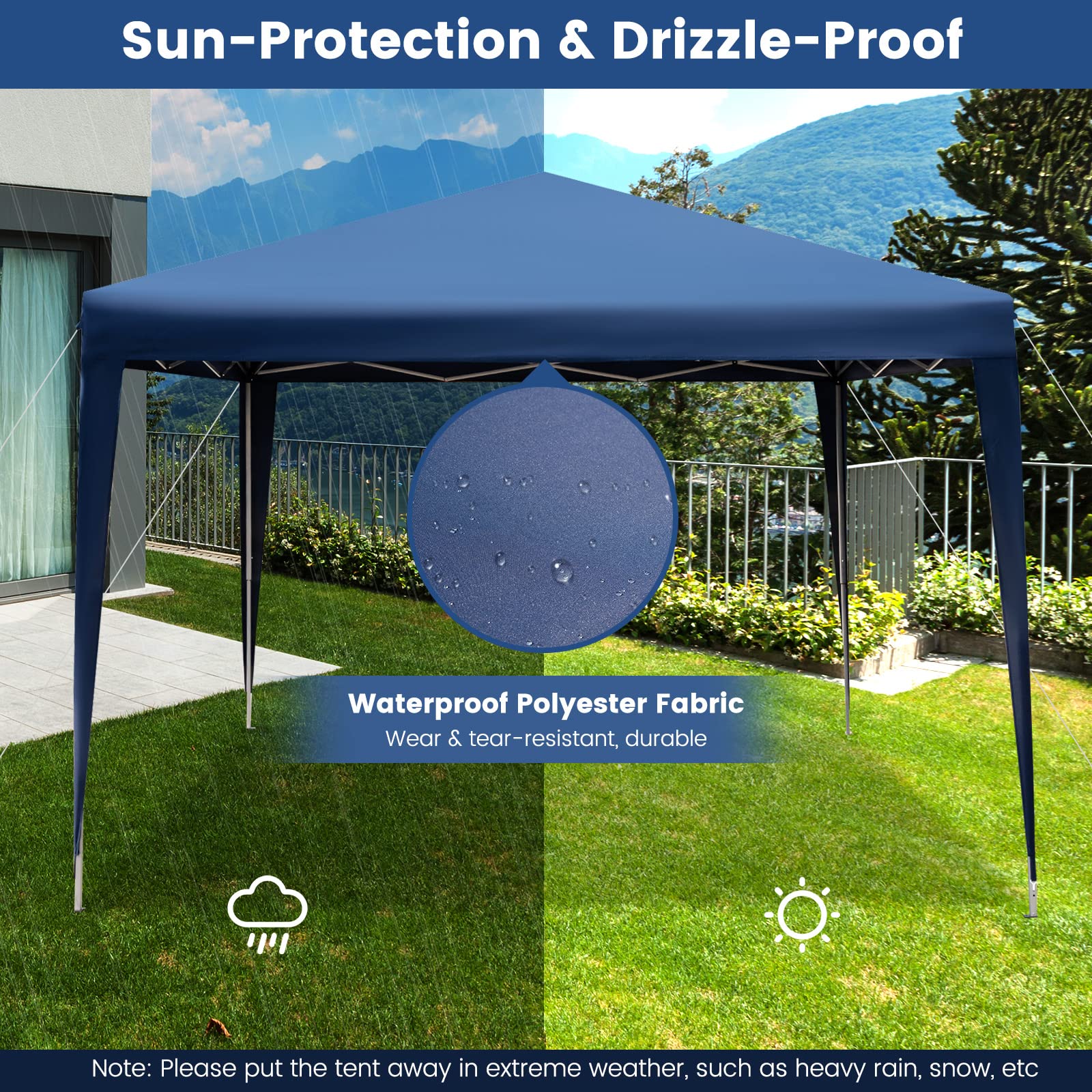 GOPLUS Tonnelle Pliante 3x3, Barnum Pliable de Jardin Extérieur avec Sac de Rangement, 249/252/255CM,pour Camping, Barbecues, Pique-niques, Fêtes (Bleu)
