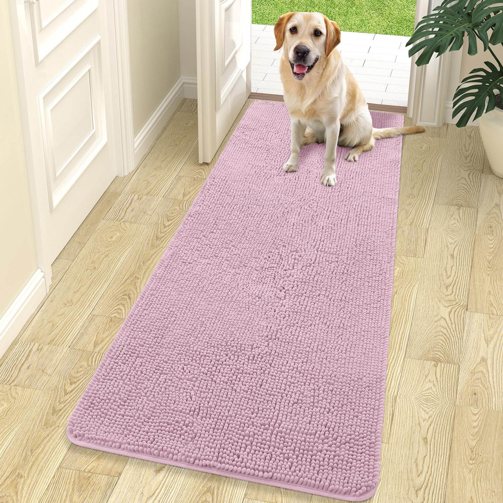 OLANLY Dog Door Mat for Muddy Paws 70x24, Absorbs Moisture and Dirt, Absorbent Non-Slip Washable Doormat, Quick Dry Chenille Mud Mat for Dogs, Entry Indoor Entryway Carpet for Inside Floor, Dusty Rose — image 1