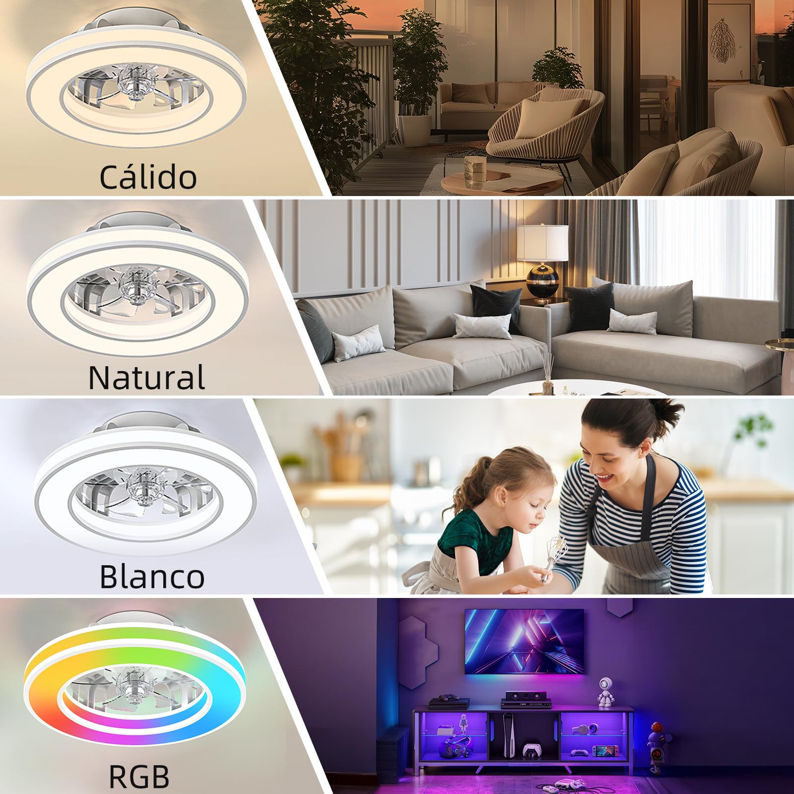 Ateroll Ventilador de Techo con Luz 41.5CM, Ventiladores de Techo 25W, Regulable 3000K-6500K-RGB, 6 Velocidad del Viento con Control Remoto, Temporizador, Memoria de Luz, Ventilador Reversibles