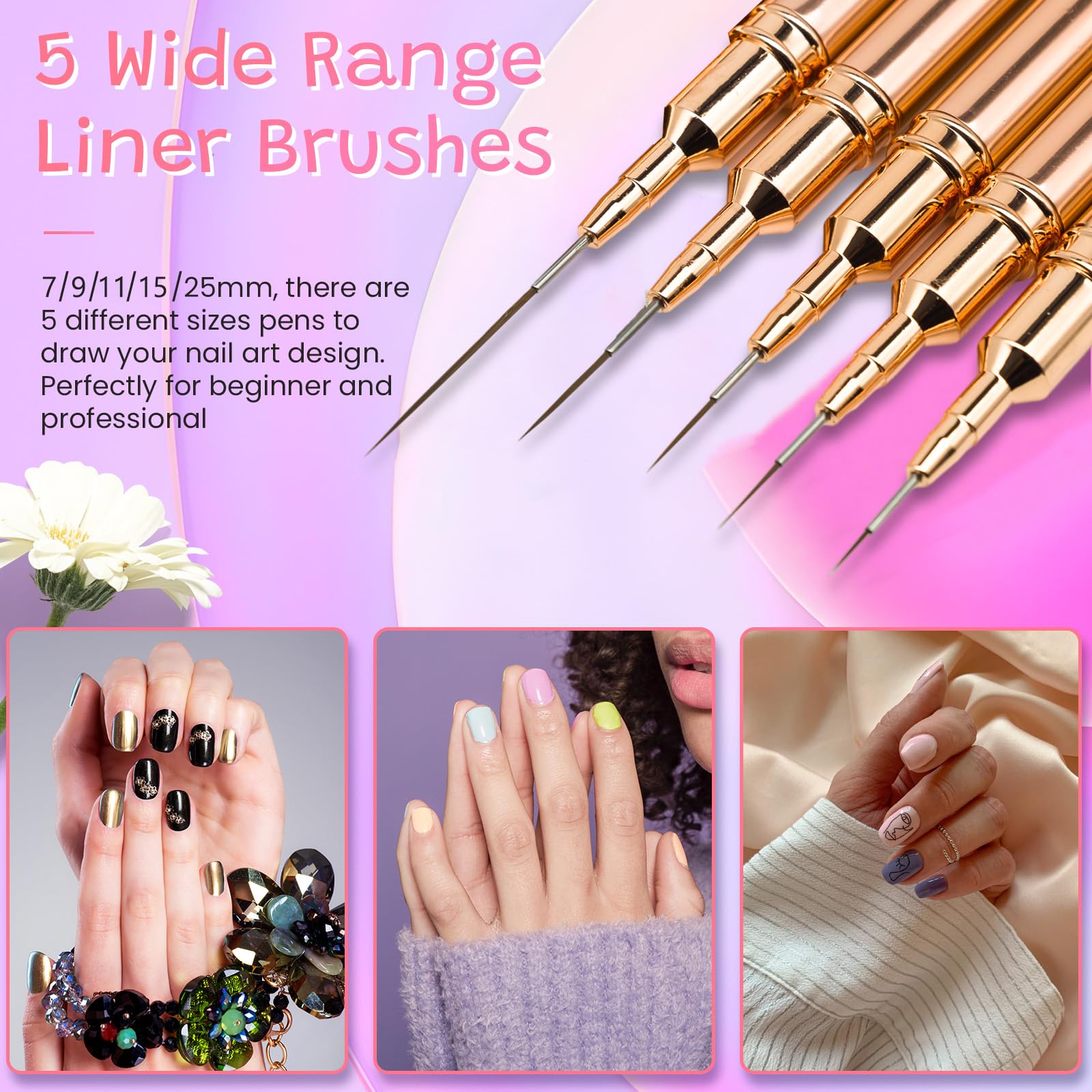 5PCS Nail Art Liner Brushes Long Set including Lid 7/9/11/15/25mm - Image 3