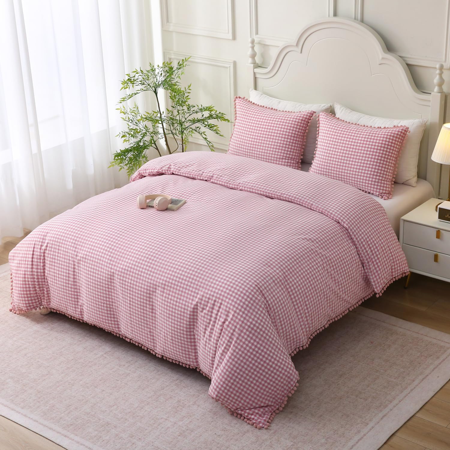 Mywinlle Pink Gingham Pompom Duvet Cover Bedding Set Queen Size,3 Pieces 100% Washed Cotton Cute Plaid Checkered Comforter Cover Set(Queen 90"x90", Comforter Not Included)