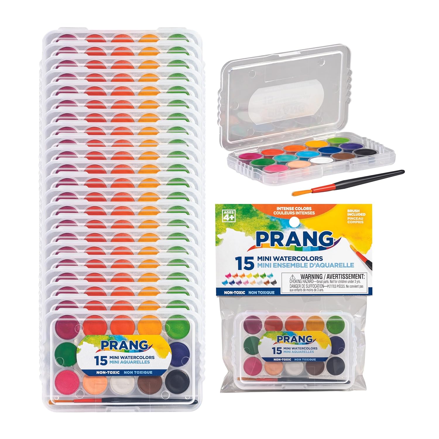 Prang Mini Watercolor Paint Sets, (Bulk Pack of 24) Palette Tray and Brush, 15 Assorted Colors, Art Party Favors, Prizes, Stocking Stuffers