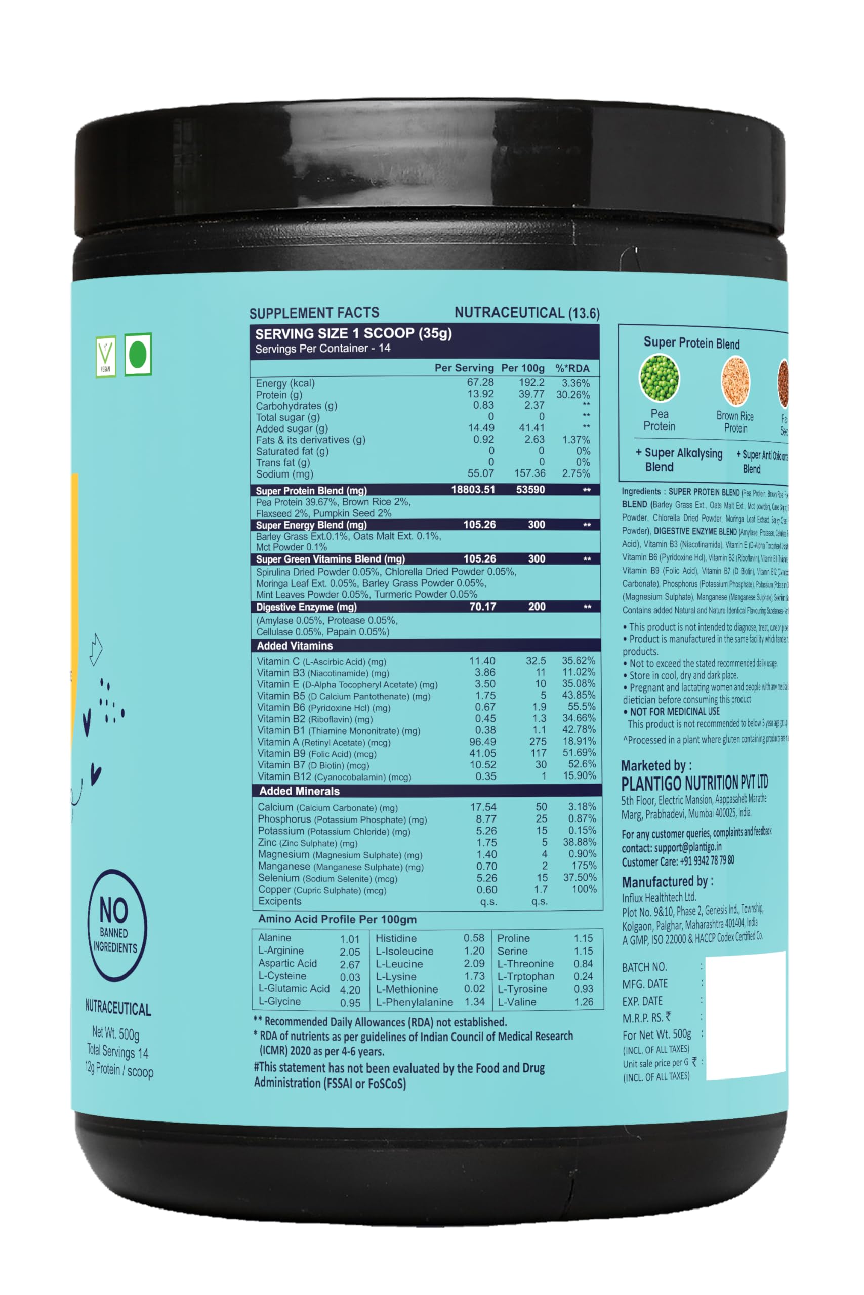 Plantigo Kids Protein 14g, 11 Vitamins, 8 Minerals, Nutrition Supplement | Muscle, Bone Growth & Brain Health | Plant Protein Powder for Kids 10+ years | (Vanilla Flavor - 500g + Shaker, 600ml)