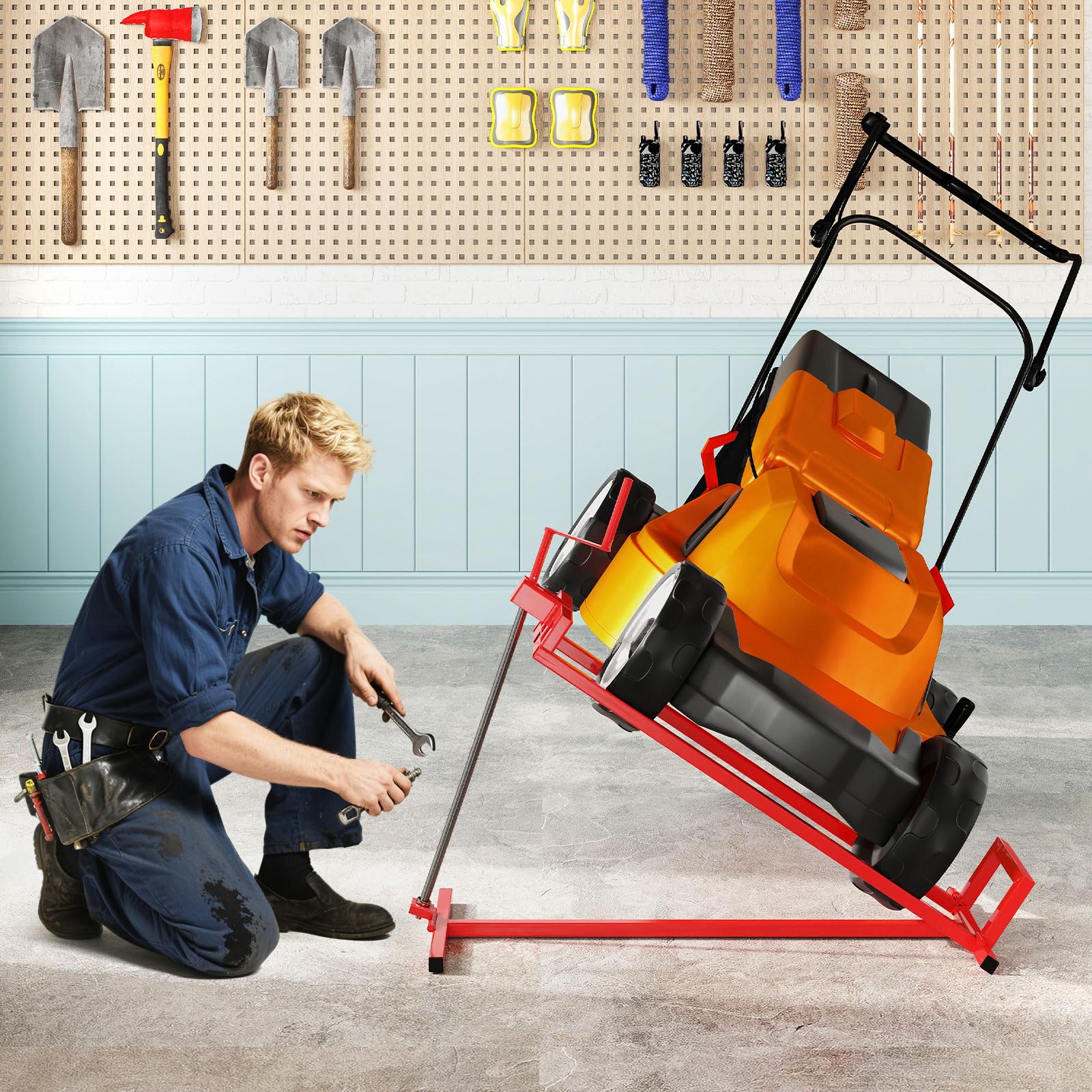 COSTWAY Rasentraktor Heber Hebevorrichtung, bis 400 kg, 45° stufenlos verstellbar, faltbar, Hebebühne Metall, Rot
