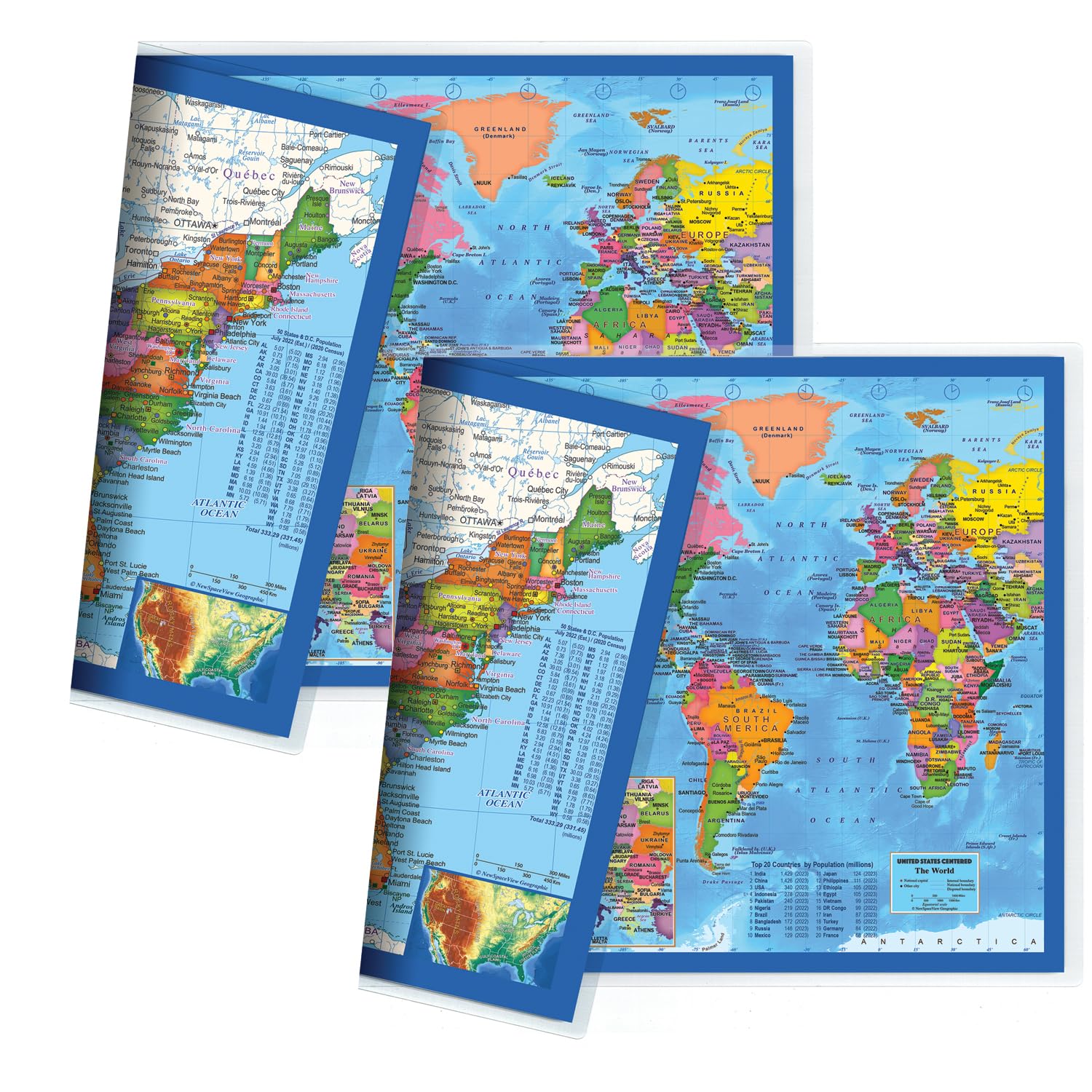 2-Sided Desk Map with Durable Lamination (2 Desk Maps: US Map/US Centered World Map)