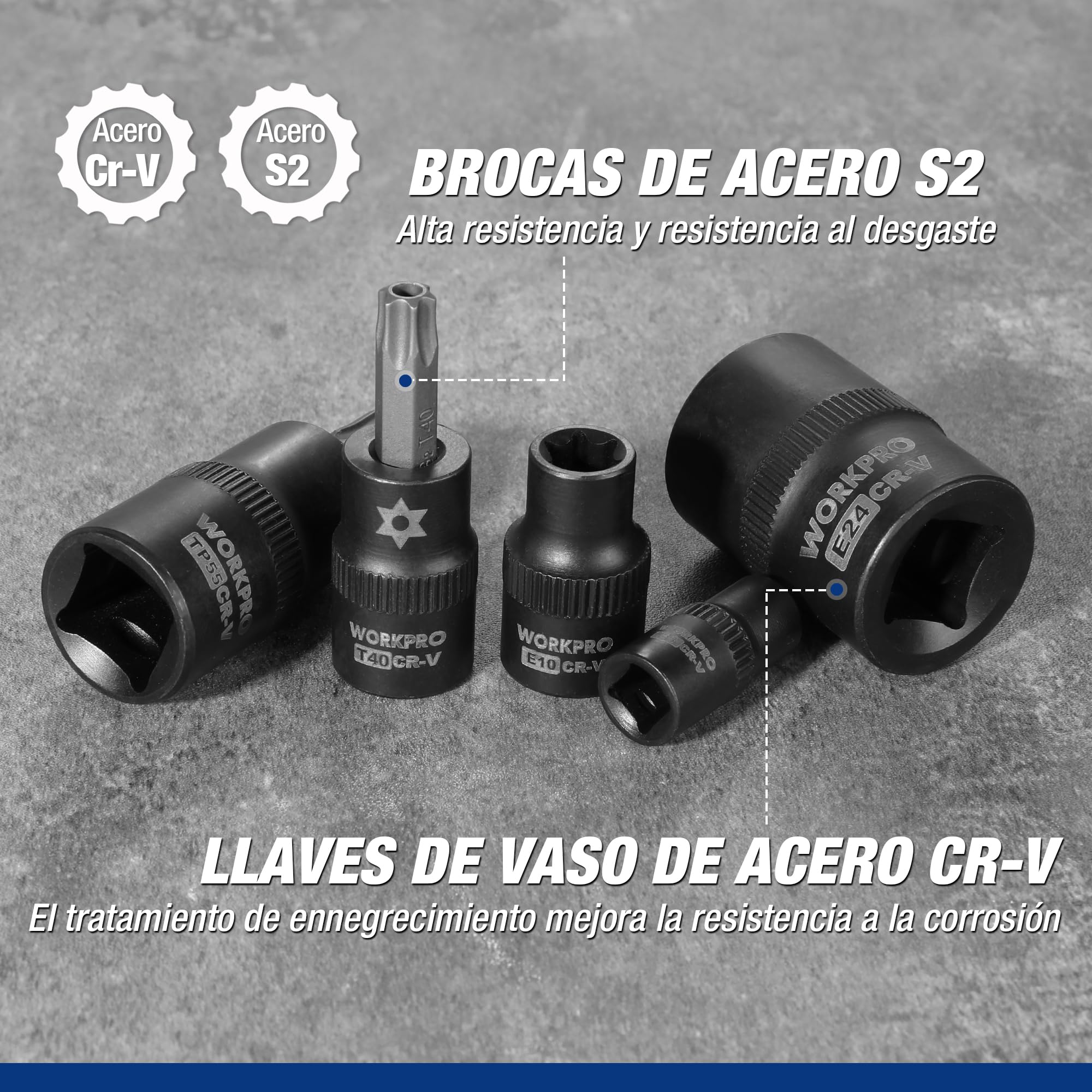 WORKPRO Juego de 60 Piezas de Llaves de Vaso y Puntas Torx, de 1/4", 3/8" y 1/2", Vasos Hembra E-Torx E4-E24, Vaso de Ajuste a Presión T6-T70, Acero Aleado Cr-V y S2