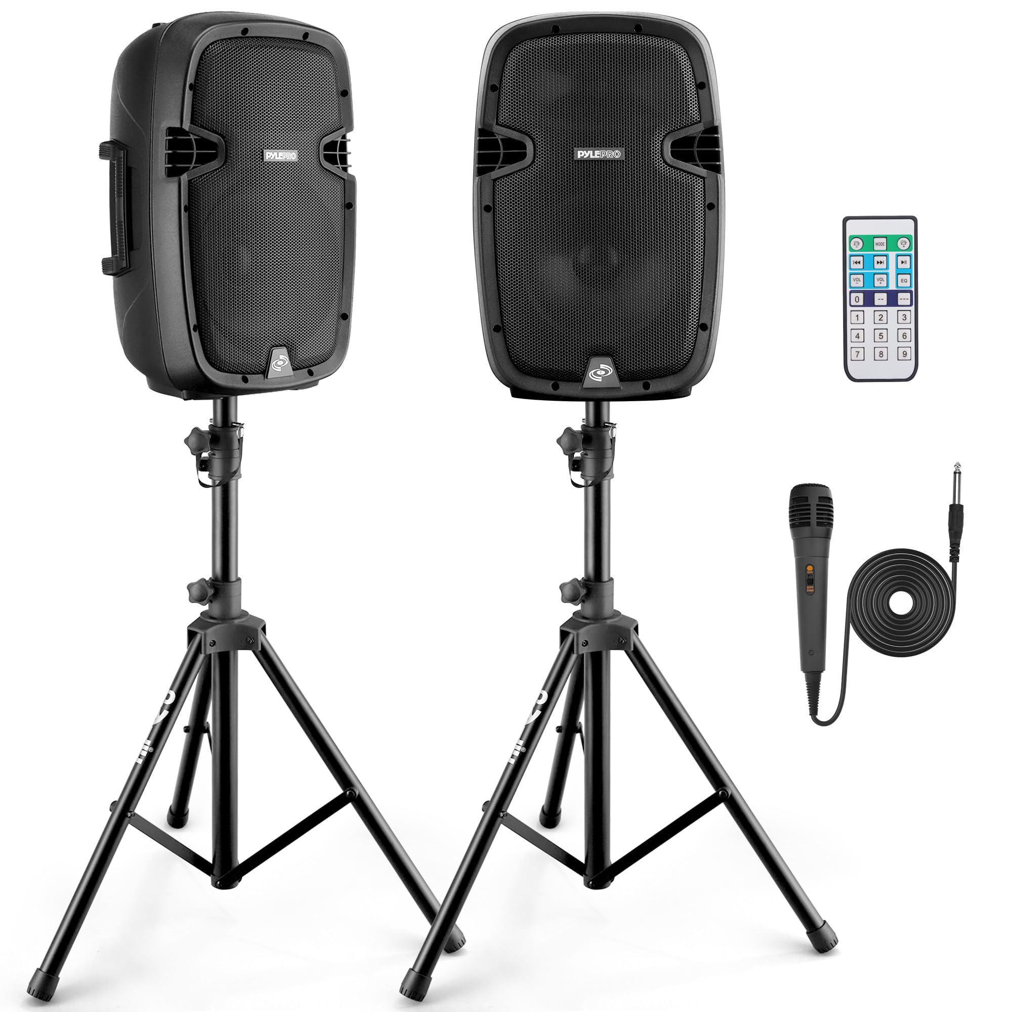Pyle Wireless Portable PA system - 1000W High Powered Bluetooth Compatible Active + Passive Pair Outdoor Sound Speakers w/USB SD MP3 AUX - 35mm Mount, 2 Stand, Microphone, Remote - Pyle PPHP1049KT
