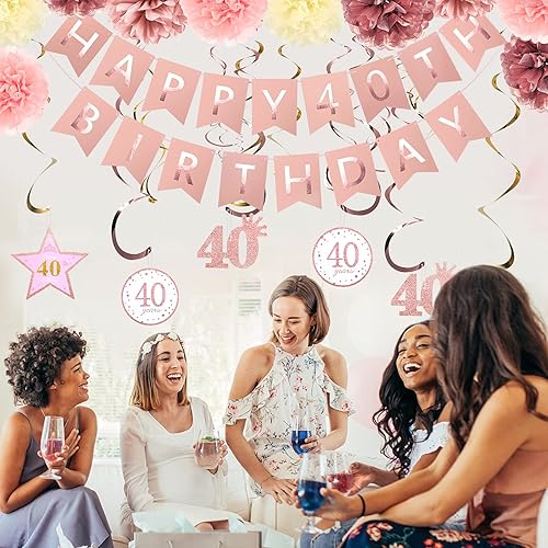 Miniatura 3 de Decoraciones de fiesta de cumpleaños número 40 de oro rosa, pancarta de feliz cumpleaños 40 con purpurina, pompones, kit de espirales colgantes