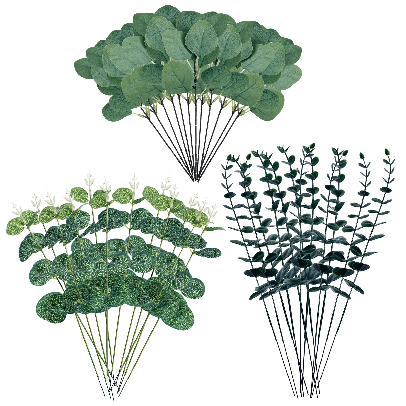 36 PCS Artificial Eucalyptus Stems, Eucalyptus Plant Decoration, Artificial Greenery Foliage, Faux Greenery Foliage Set for Weddings, Gardens, Office Decorations, Flower Arrangement Home (3 Styles)