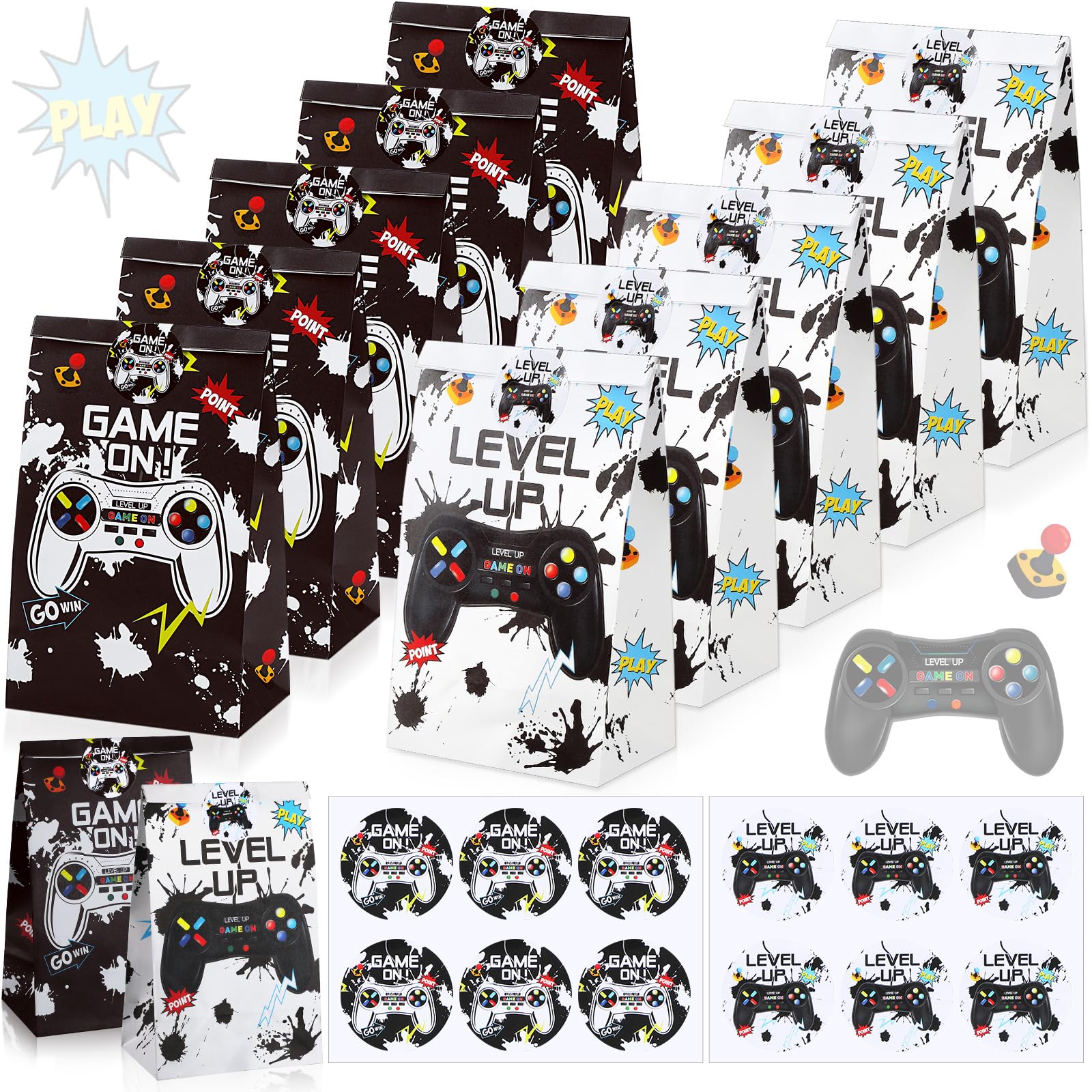Geosar 30 Pack Video Game Party Favor Paper Bags Game on Goodie Candy Gift Bags with 30 Stickers Level up Reusable Goodie Treat Snacks Supplies for