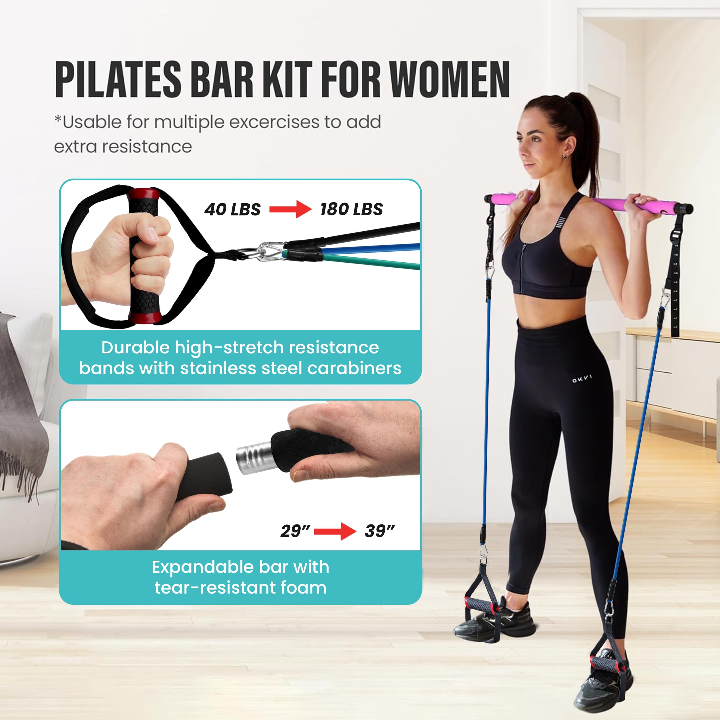 Pilates-Stangen-Set Mit Widerstandsbändern – Verstellbar, Inkl. Tasche Für Home-Workouts, 9-68 Kg Widerstand