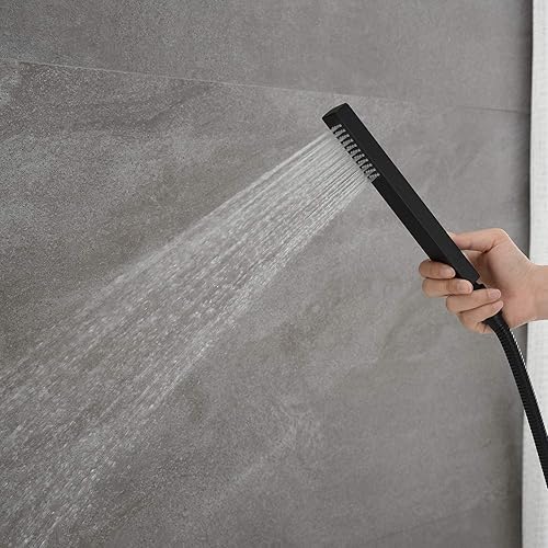 Miniatura 6 de Grifo de bañera independiente Llenador de bañera Negro Montaje en el piso Grifos de baño Latón Manija única con ducha de mano