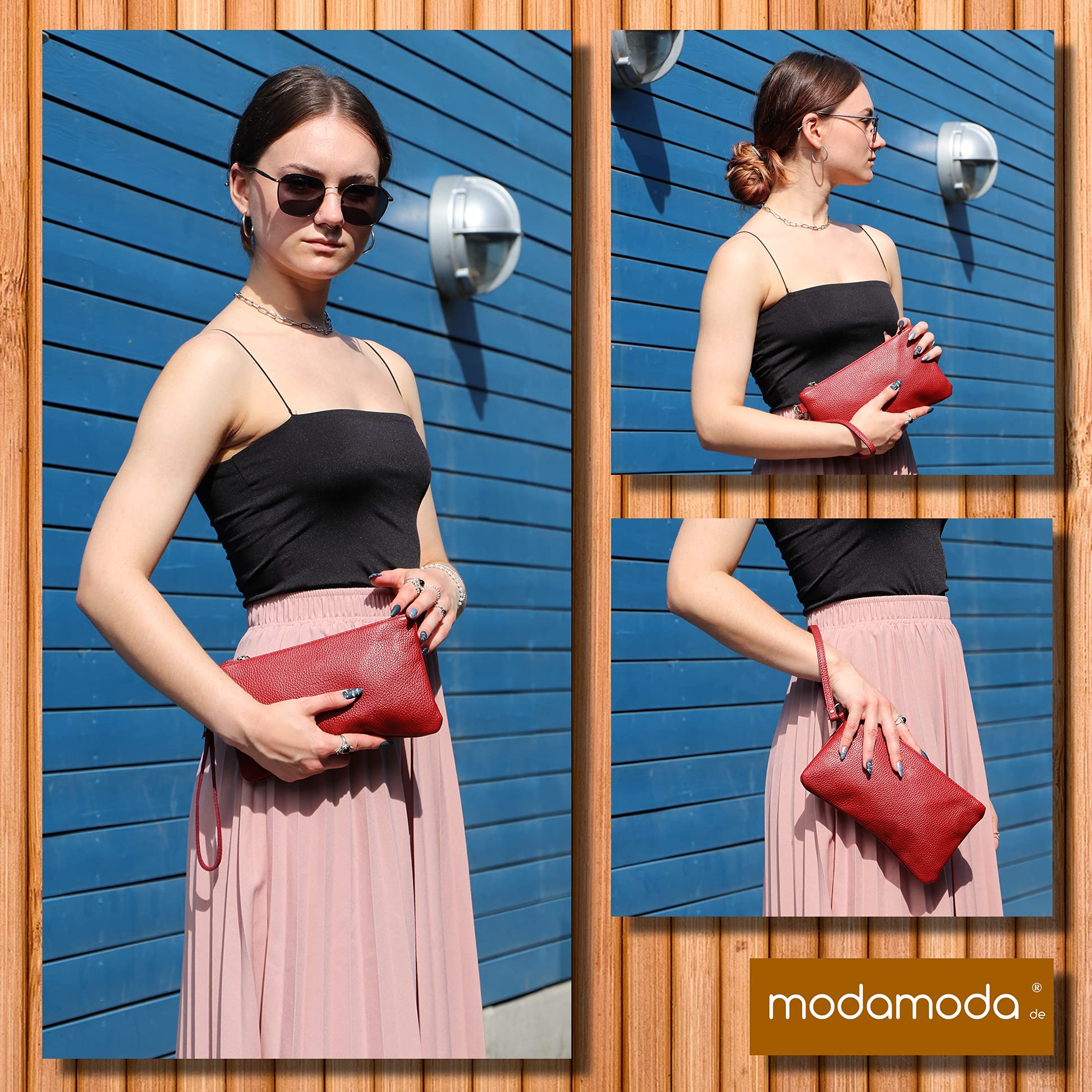 modamoda de T193 Damen Leder Clutch, Handgelenktasche Klein, 22 x 13 cm, Vielfarbig, Handmade in Italy