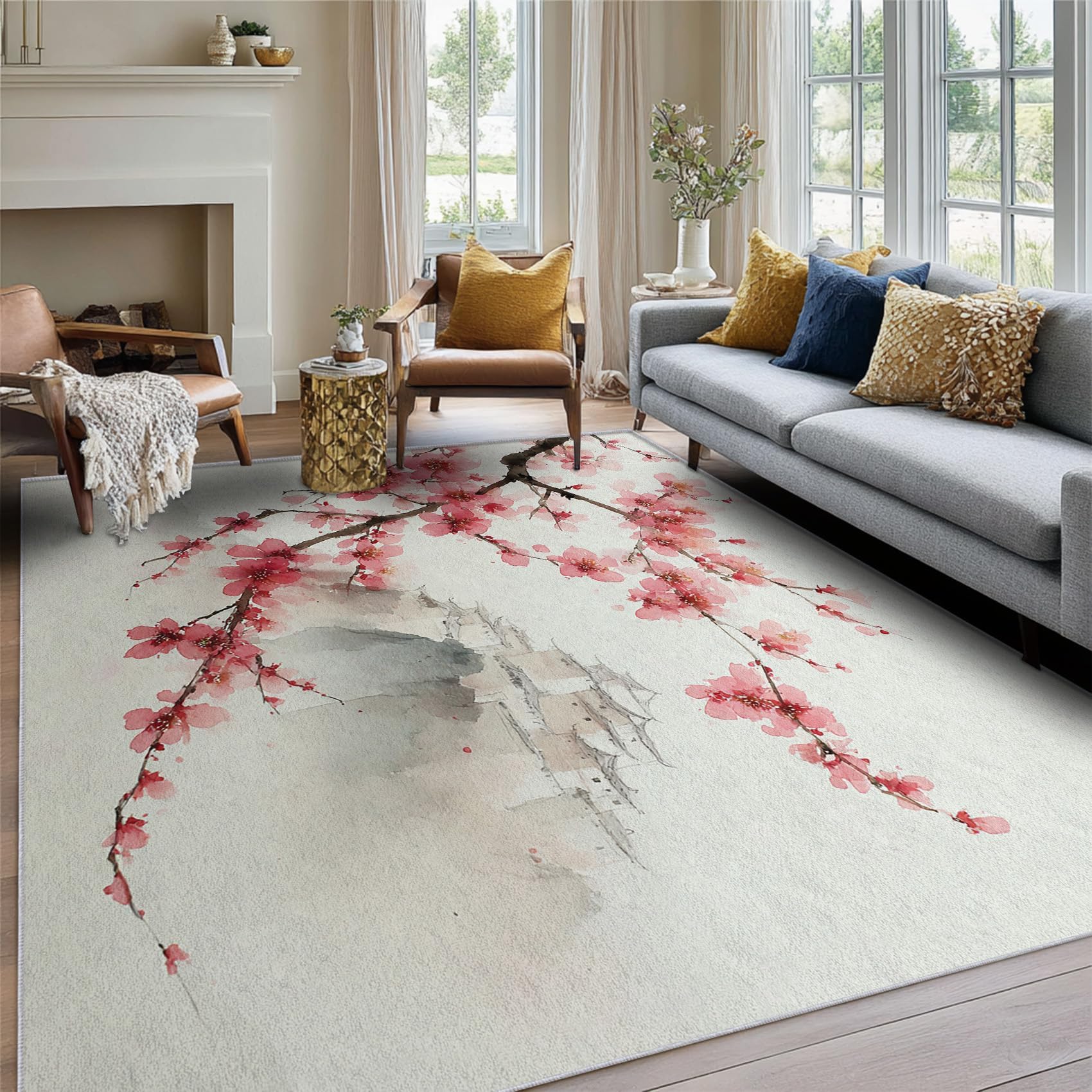 Tapis de Salon Lavable 120x140cm, Motif Floral Japonais Rose à Fleurs de Cerisier, Peinture à l'encre, idéal pour décoration Salon et de la Chambre, Doux et antidérapant.