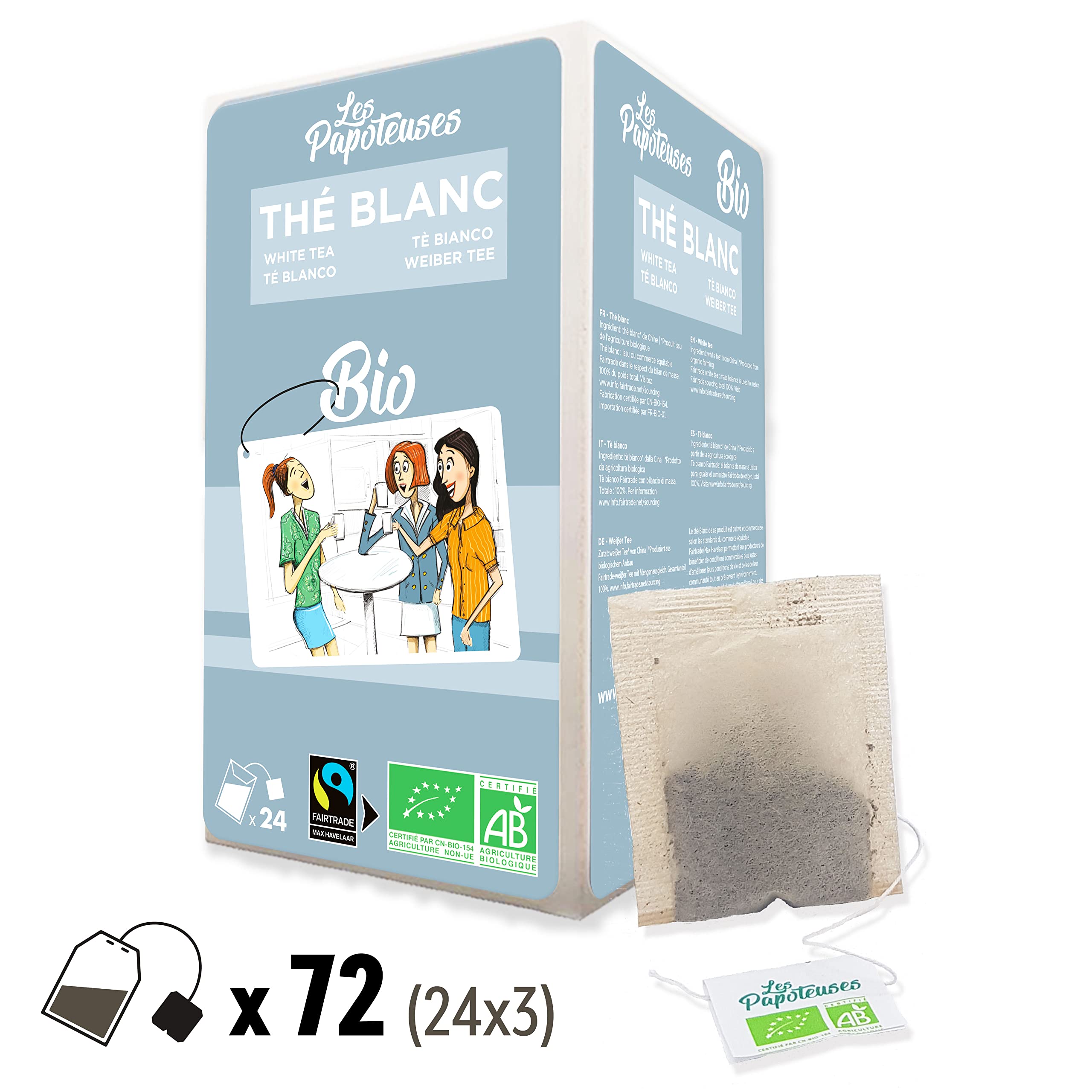 Les Papoteuses | Té blanco bio puro | 72 bolsitas | Certificado ecologico y comercio justo | Lote de 3 cajas de te e infusiones de 24 bolsas | Hojas de tea, idea regalo