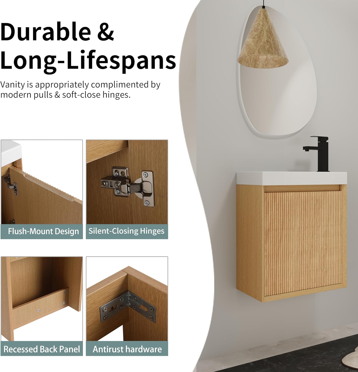18 inch Bathroom Vanity with Sink Combo, Wall Mounted Bathroom Cabinet with Resin Basin Top & Fluted Soft Closed Door, Modern Floating Bathroom Vanity for Small Space, Natural