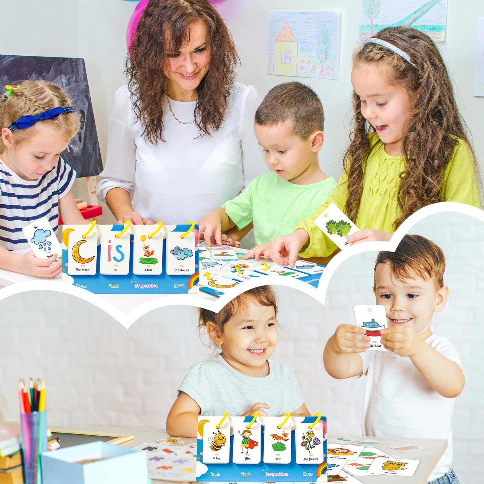 Construction de Phrases pour Les, Cartes Flash pour Les,Tableaux d'apprentissage de la Lecture autonomes - Outil éducatif en Classe, Tableau Autonome de Construction de Phrases pour la Formation à l