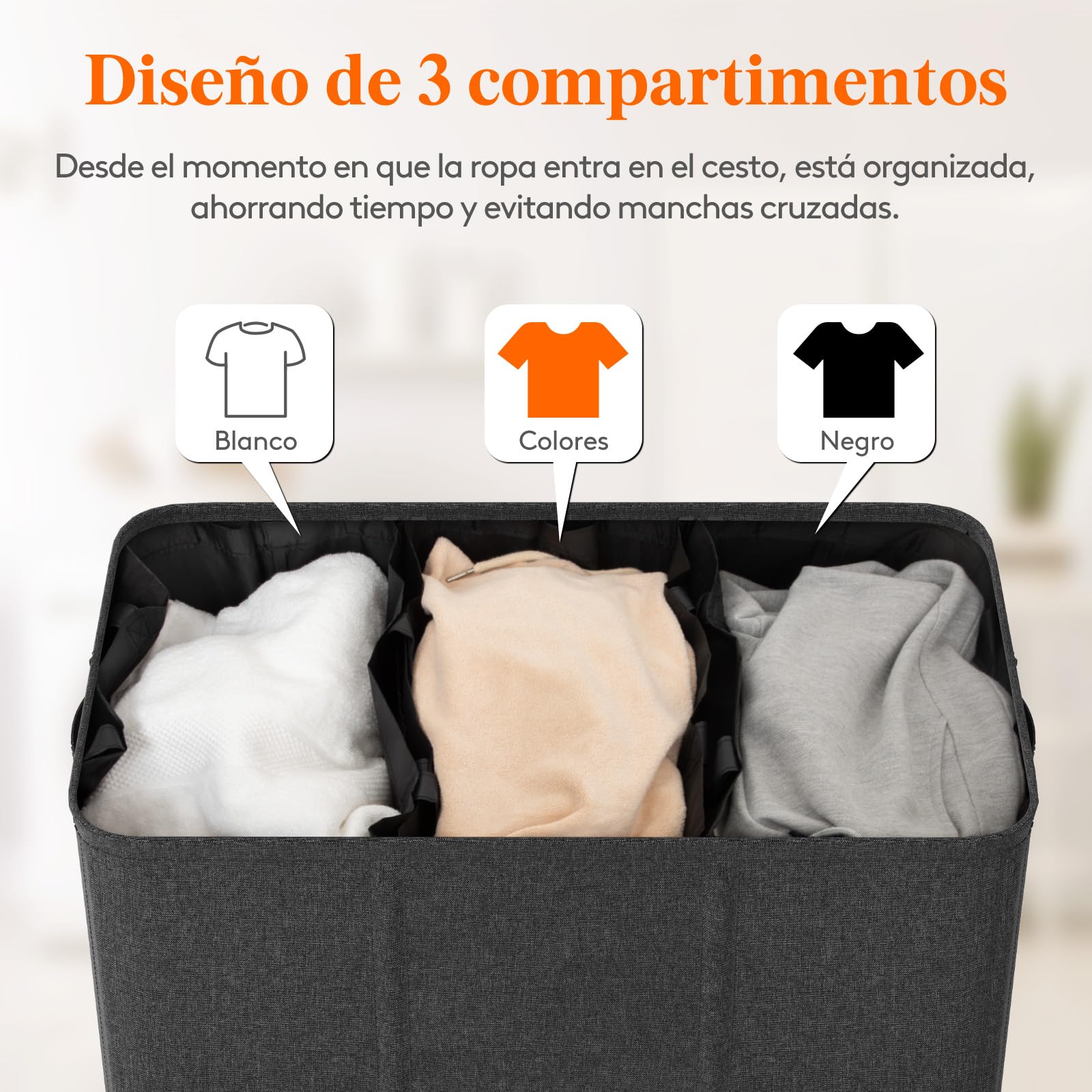 Lifewit 160L Cesto Ropa Sucia 3 compartimentos con Tapa, Grande Cubo Ropa Sucia con 3 Bolsas Para Colada Extraíbles, Cesto Ropa Sucia con Asas para Dormitorio Baño Lavanderia, Gris Oscuro