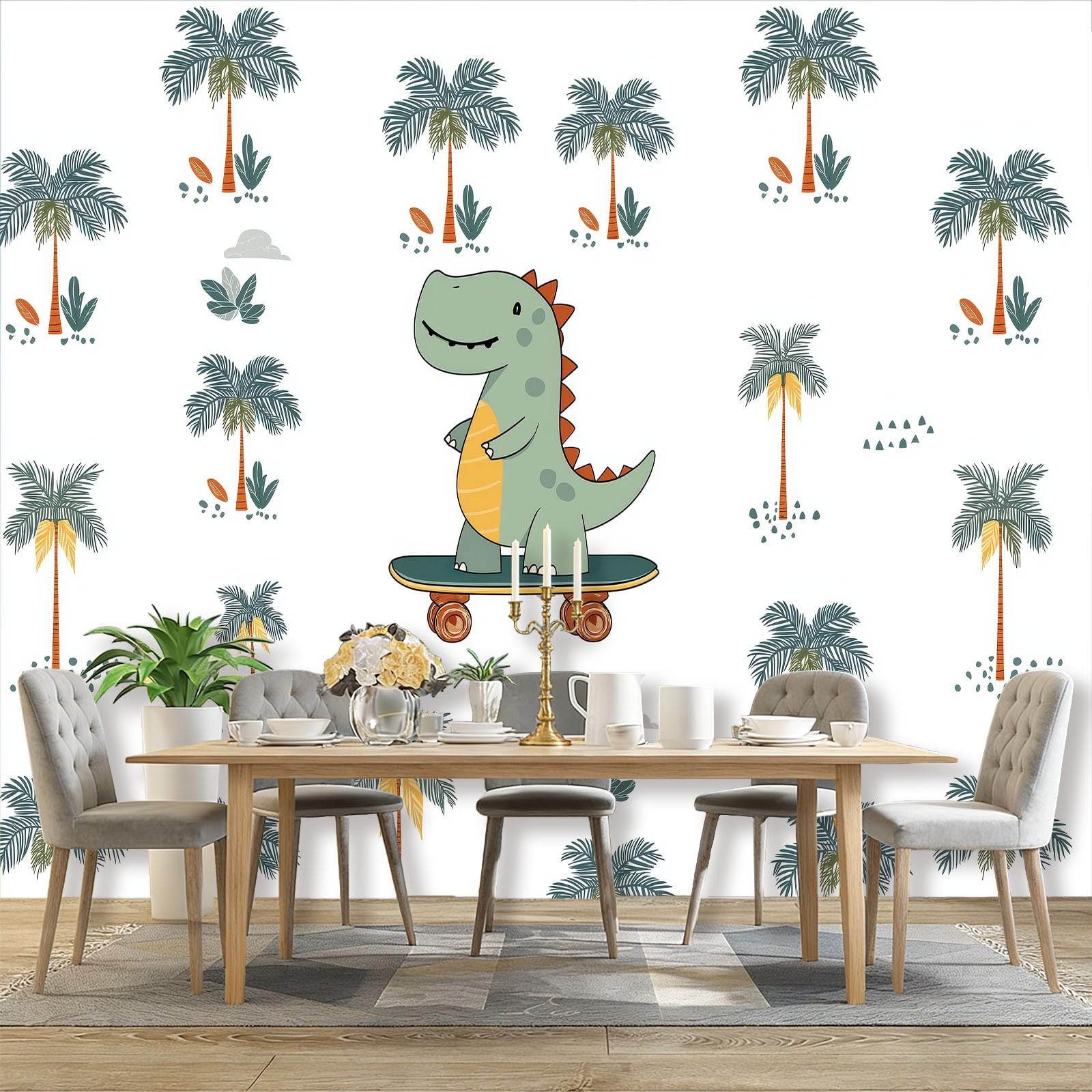 Fototapeta biała tapeta 250 x 175 cm (szer. x wys.), nowoczesna tapeta z włókniny, efekt 3D, dekoracja ścienna, kreskówka, dinozaur, zielona, palma, tapeta ścienna, do salonu, restauracji, pokoju