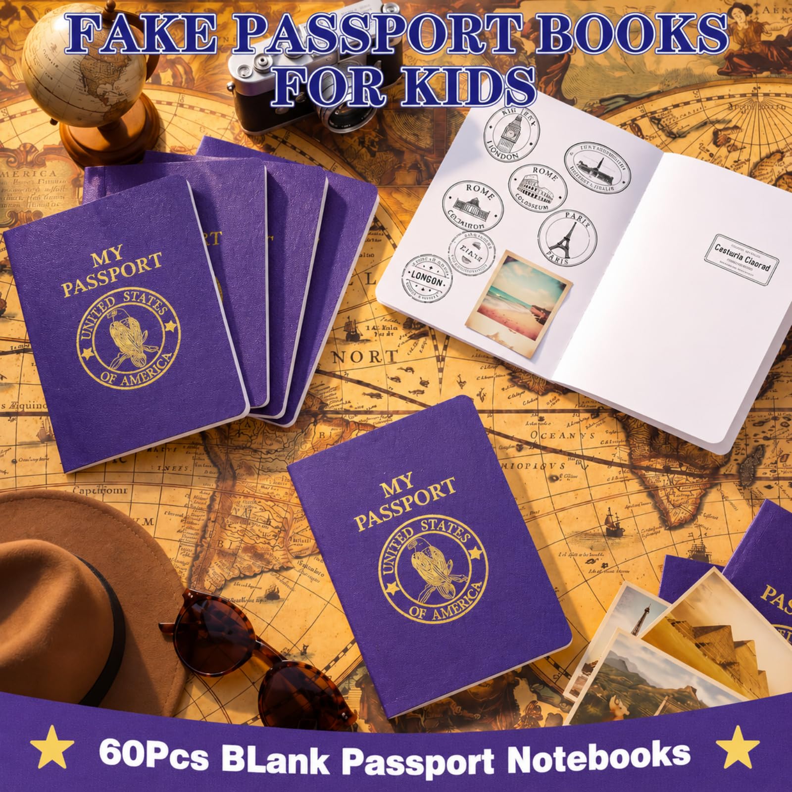 SATINIOR Taccuino vuoto per passaporto, per bambini, per far finta di giocare, per attività fisiche, passaporti, viaggi, feste, diario, forniture scolastiche per classe a tema Little One World (200