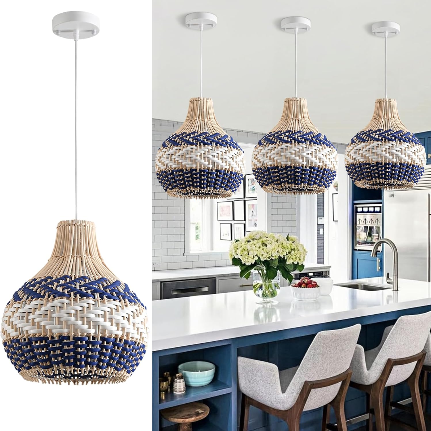 3-Pack Rattan Pendant Light Fixture 10.24" Blue White Hand-Woven Basket Fax Rattan Chandelier Boho Mini Wicker Hanging Lamp for Dining Living Bedroom Kitchen Farmhouse Blue White 3-Pack