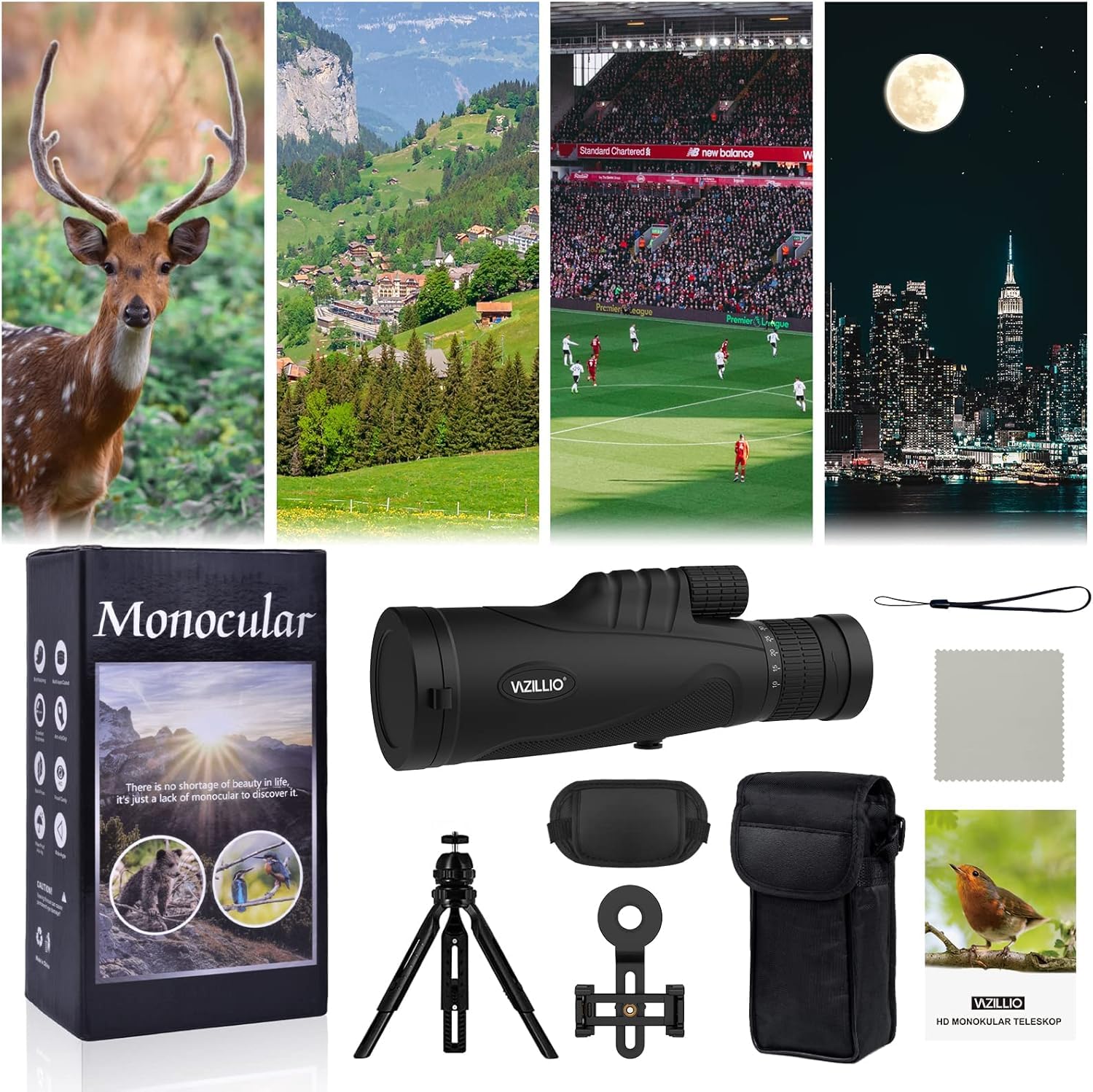 Télescope monoculaire HD 10-30 x 50 HD avec support pour smartphone et trépied, monoculaire étanche pour téléphone portable pour l'observation des animaux sauvages, l'observation des oiseaux, la