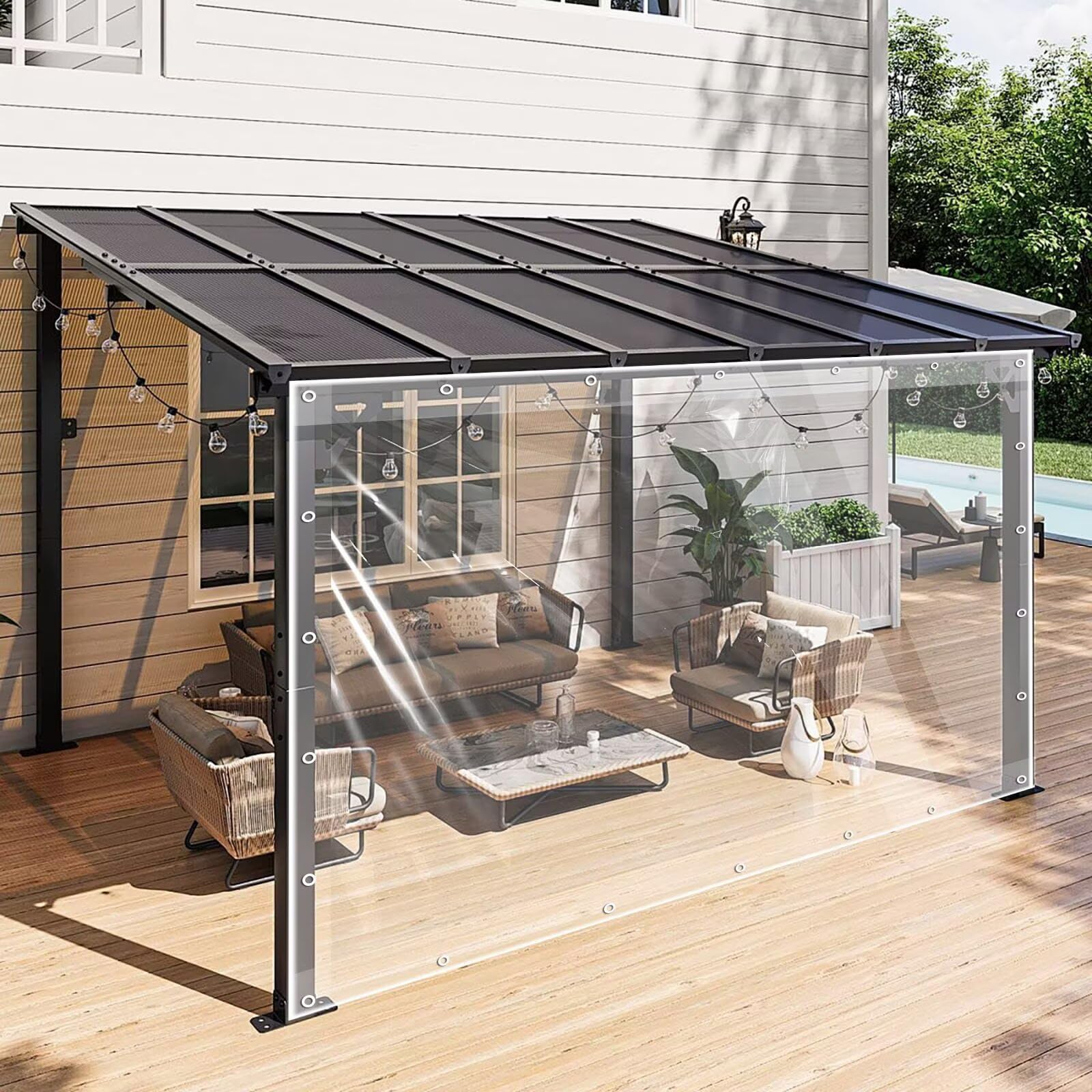 GJZQDKX Outdoor Waterproof Clear Tarp Curtains 1.8x2.3m - Transparent PVC Tarpaulin Side Panels for Pergola Gazebo Patio -Weatherproof Partition with Grommets for Enhanced Protection