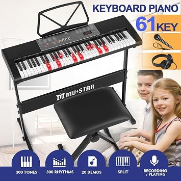 61 Key Electronic Keyboard Piano with Lighted up Keys,LCD,Headphones,X-Stand,Stool,Music Rest,Microphone,Note Stickers,Built-In Speakers,3 Teaching Modes,Ideal for Beginner Adult (Black with Stool)