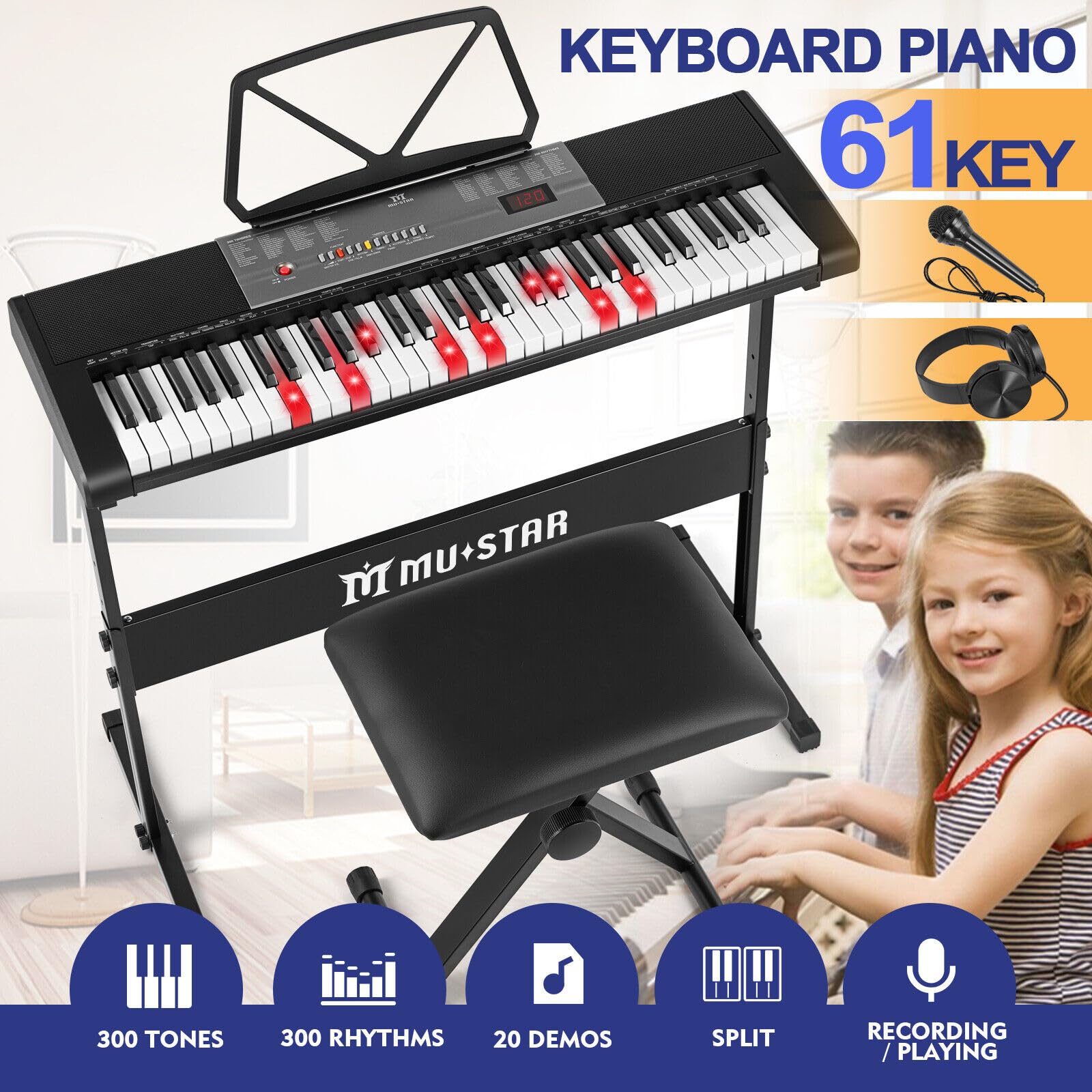 Pianoforte elettronico a 61 tasti con tasti illuminati, LCD, cuffie, supporto a X, sgabello, ripiano per spartiti, microfono, adesivi per note, altoparlanti integrati, 3 modalità di insegnamento