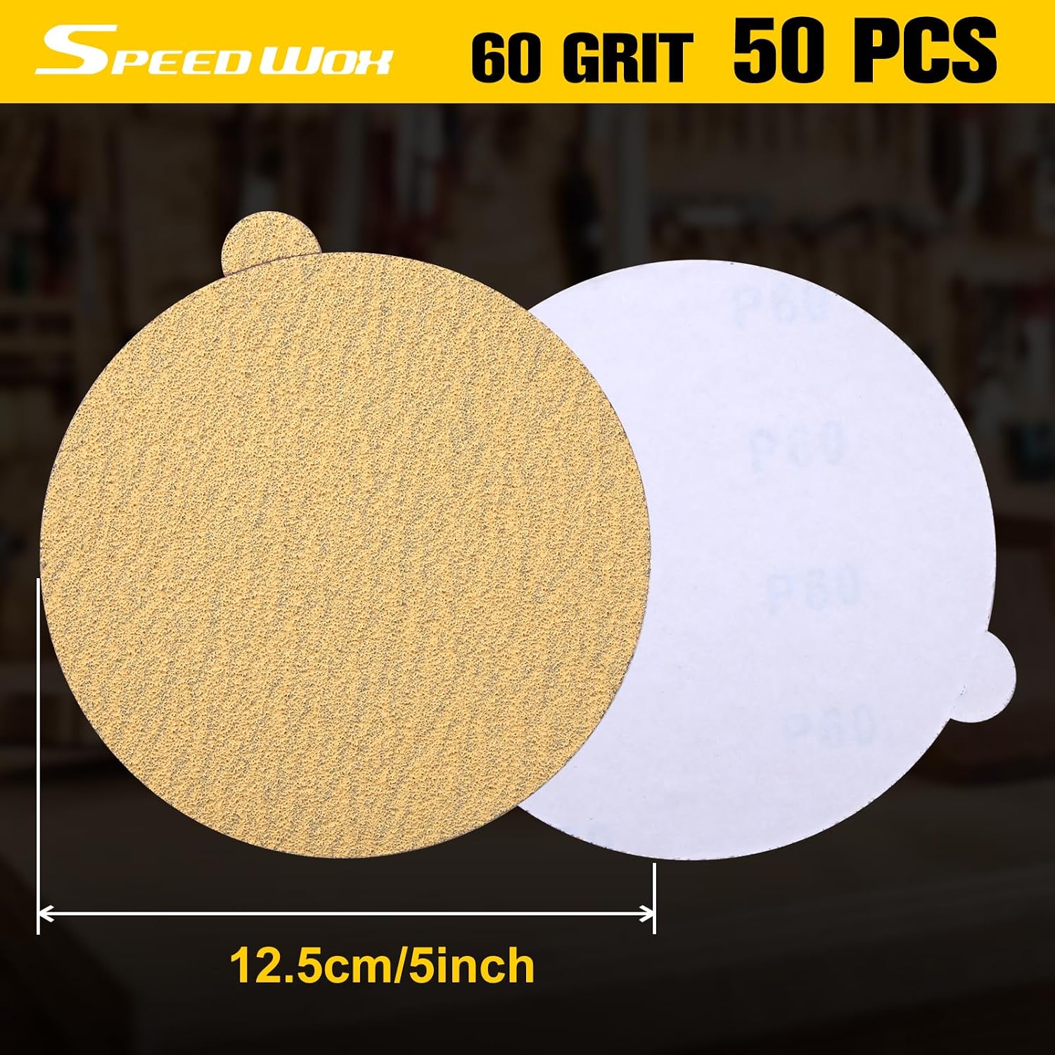 SPEEDWOX 50PCS 5" Gold PSA Sanding Discs 60 Grit Self Adhesive Stickyback Sandpaper Discs Self Adhesive Sticky-Back Sandpaper for DA Sander Gold PSA Sanding Discs for Sanding Automotive Painting