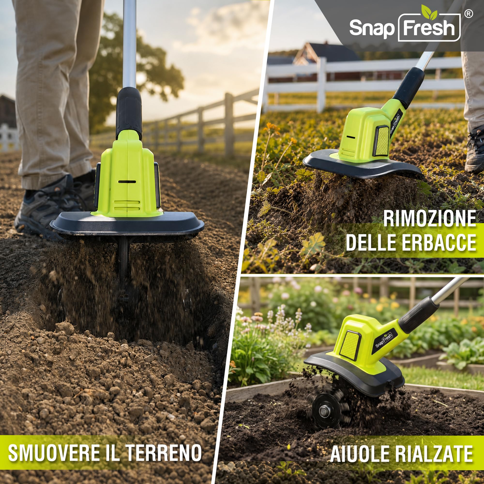 SnapFresh Motozappa a Batteria Senza Fili 20V, Coltivatore da Giardino a 3 Velocità con Batteria da 4,0 Ah, Motozappa Elettrica da 300 RPM per Prato/Giardinaggio/Lavorazione del Terreno