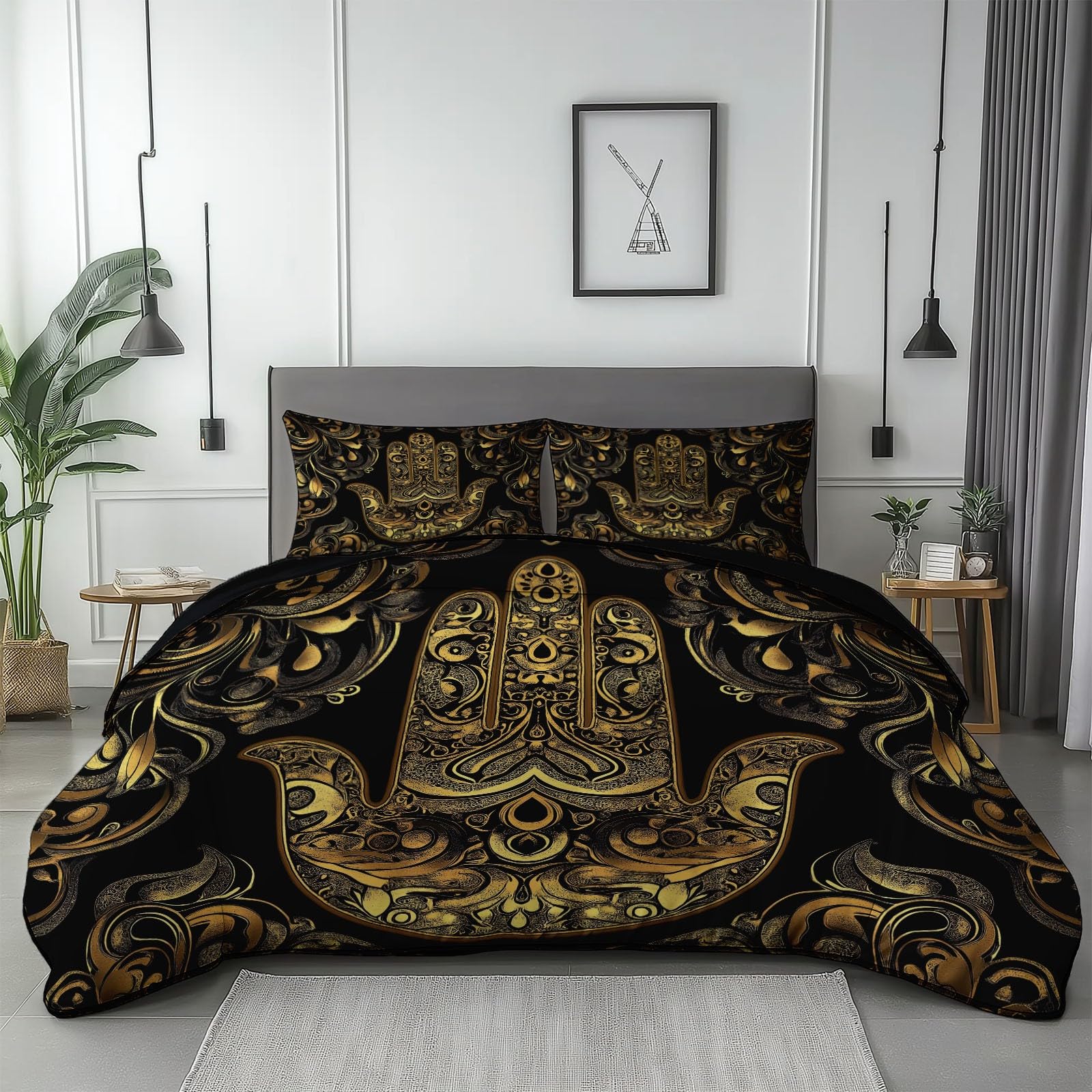 Duvet Cover Traditional Luxury Symbols theme 3 Pcs print, Premium Brushed Microfiber King bedding set with 2 Pillowcases, Grey Reversible Duvet Covers With Zipper Closure
