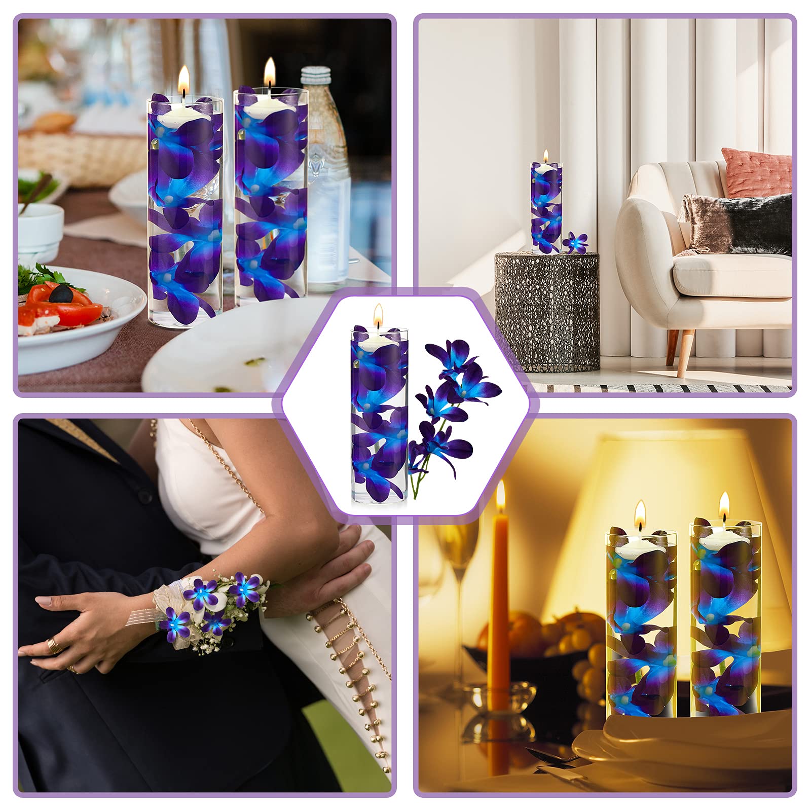 Blue Purple Faux Flowers Blue Orchid Flower Vase Fillers Faux Purple Orchid Wedding Table Centerpieces Filling for Floating Candles Wedding Birthday Party Table Decorations (32 Pieces)