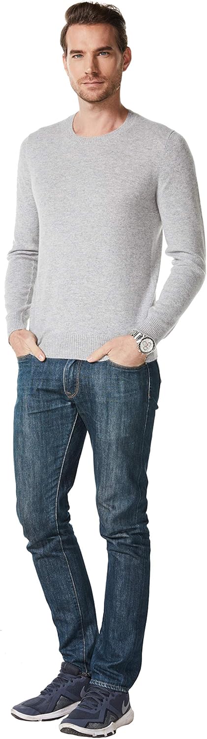 EURKEA Men's Crewneck 100% Cashmere Sweater Long Sleeves Pullovers, Gifts Ready Light Grey Small