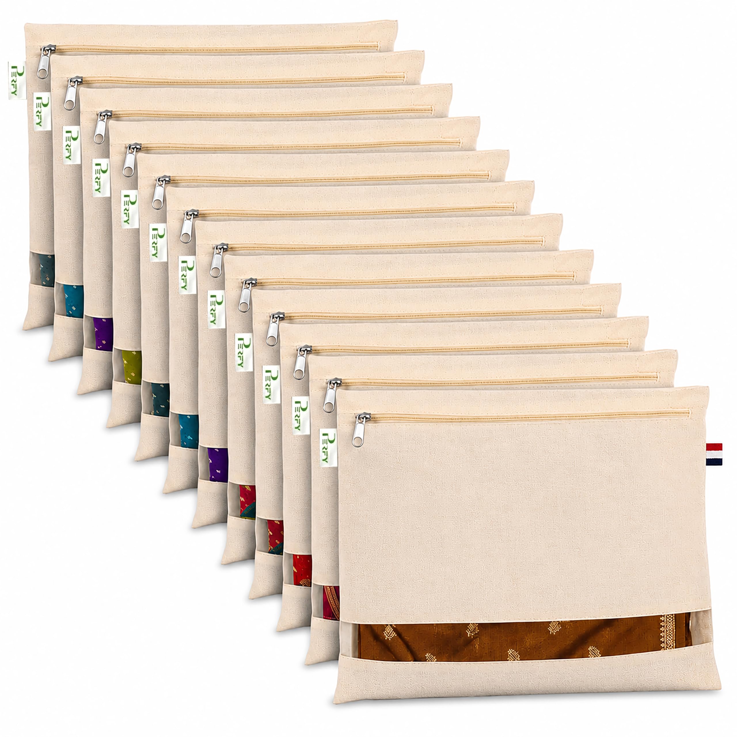 Perfy Saree Covers for Storage Set of 12- Cotton | 16 x 14 Inch Saree Organizer with Zip Closure & Transparent Mesh Window|Reusable Wardrobe Storage Bag for Silk Saree, Lehenga, Dresses & Travel-image-43