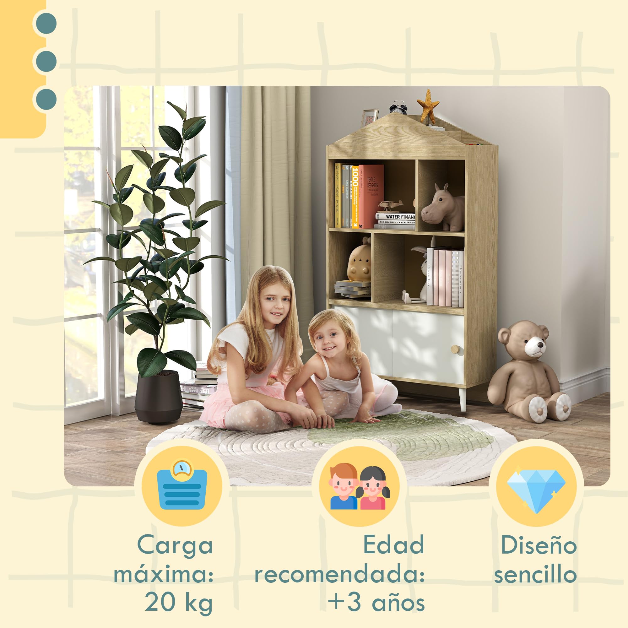AIYAPLAY Estantería Infantil de Madera 80x30x140,5 cm Blanco y Natural | 4 Compartimentos, Librería Infantil, Estantes Abiertos, Armario, para Habitación Niños, Sala Juegos