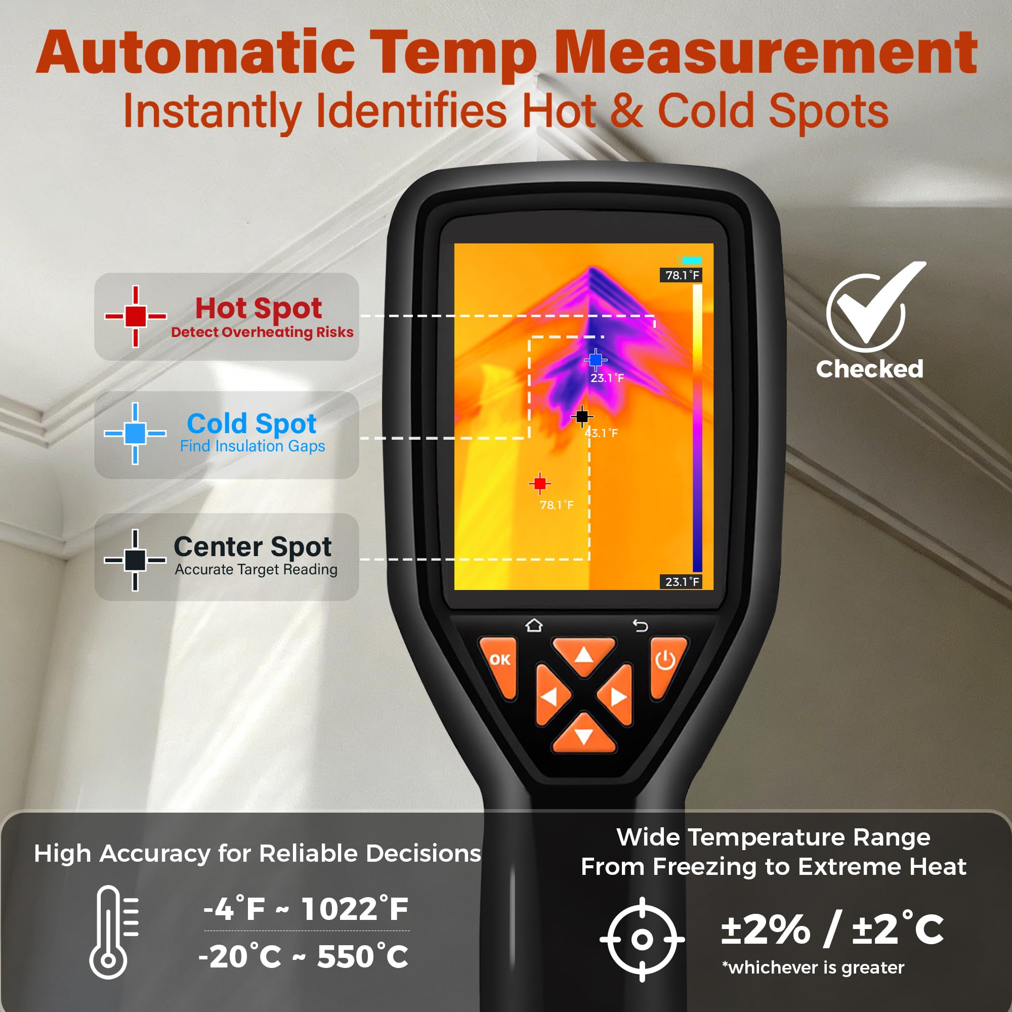 Cámara térmica de imagen, -15,6 °C a 550 °C, cámara infrarroja portátil con análisis PC, resolución IR 120 x 90, duración de la batería de 8 horas para automoción, HVAC, mantenimiento mecánico