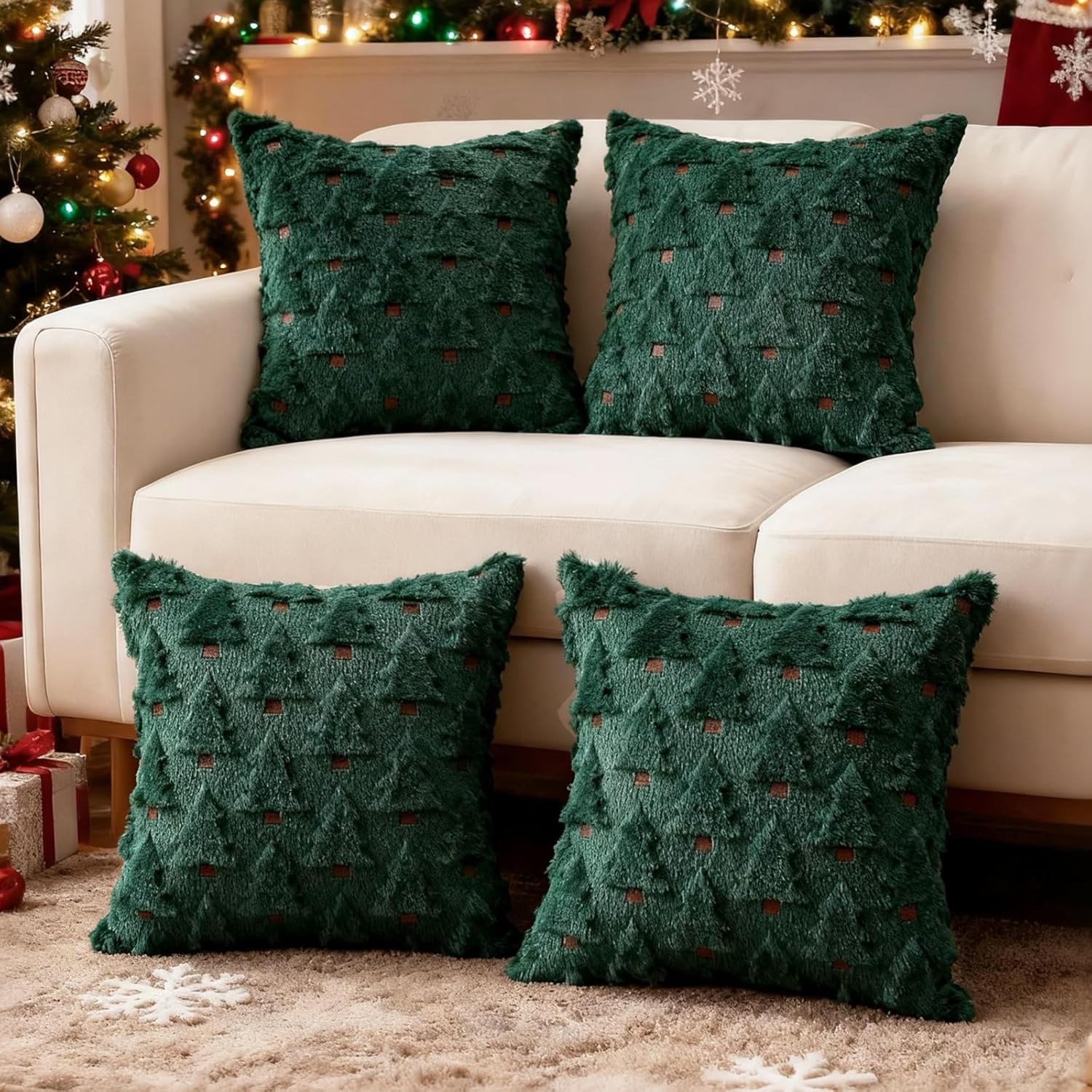 Christmas Throw Pillow Covers 20x20 inch Set of 4, Beige Xmas Tree Holiday Winter Living Room Soft Fluffy Plush Faux Fur Wool Decorations for Sofa Couch Bed