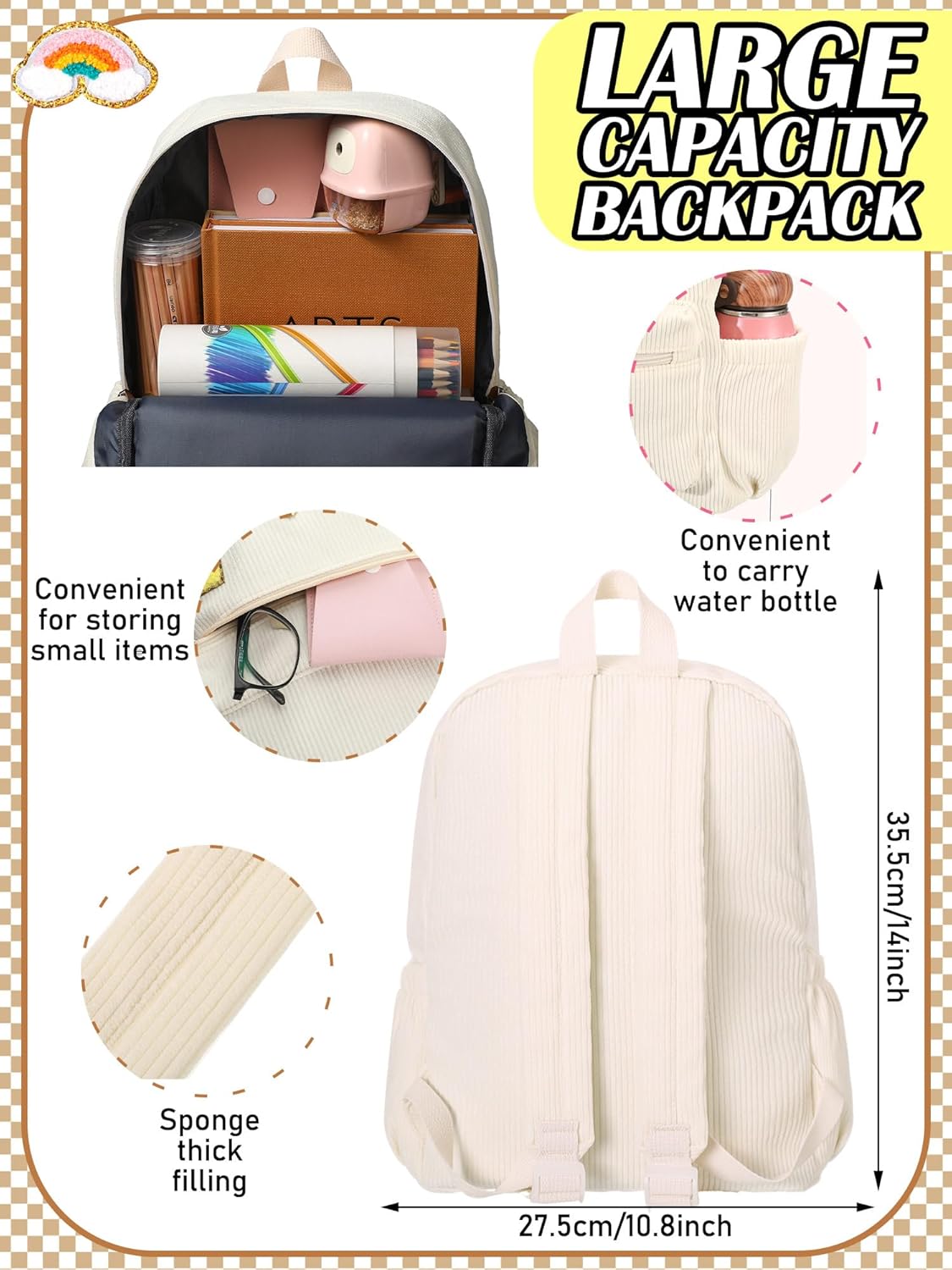 Corduroy School Backpack Set Preppy Book Backpack and Lunch Bag with Crochet Flower for Girl Back to School Gift(Beige) - Image 2