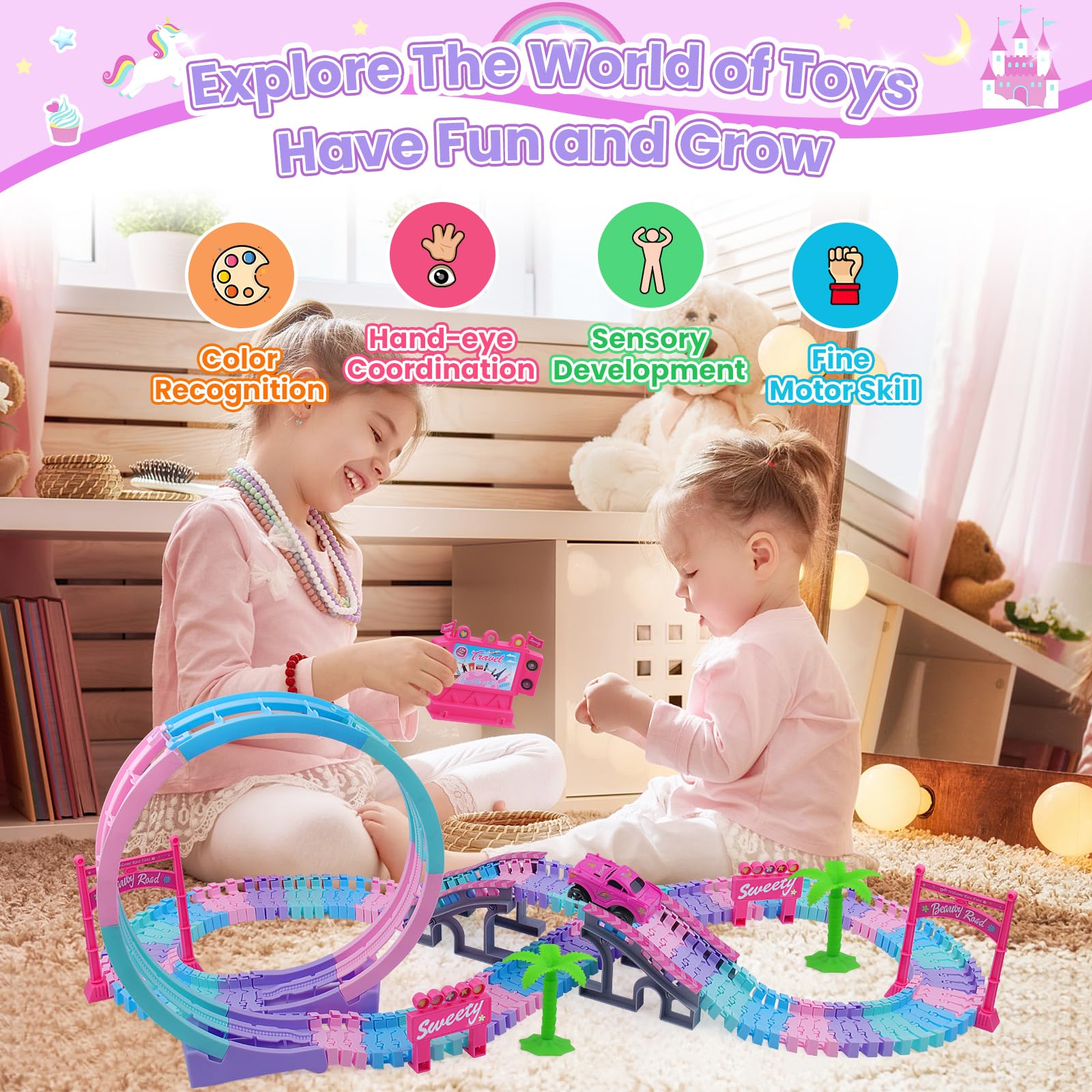 Juego de Carrera mágica para niños, 144 Piezas Flexible-Mejor Regalo de cumpleaños para 3 4 5 6 7 8 años niñas Chicos, con Escalera de 360 bucles, Auto Iluminado